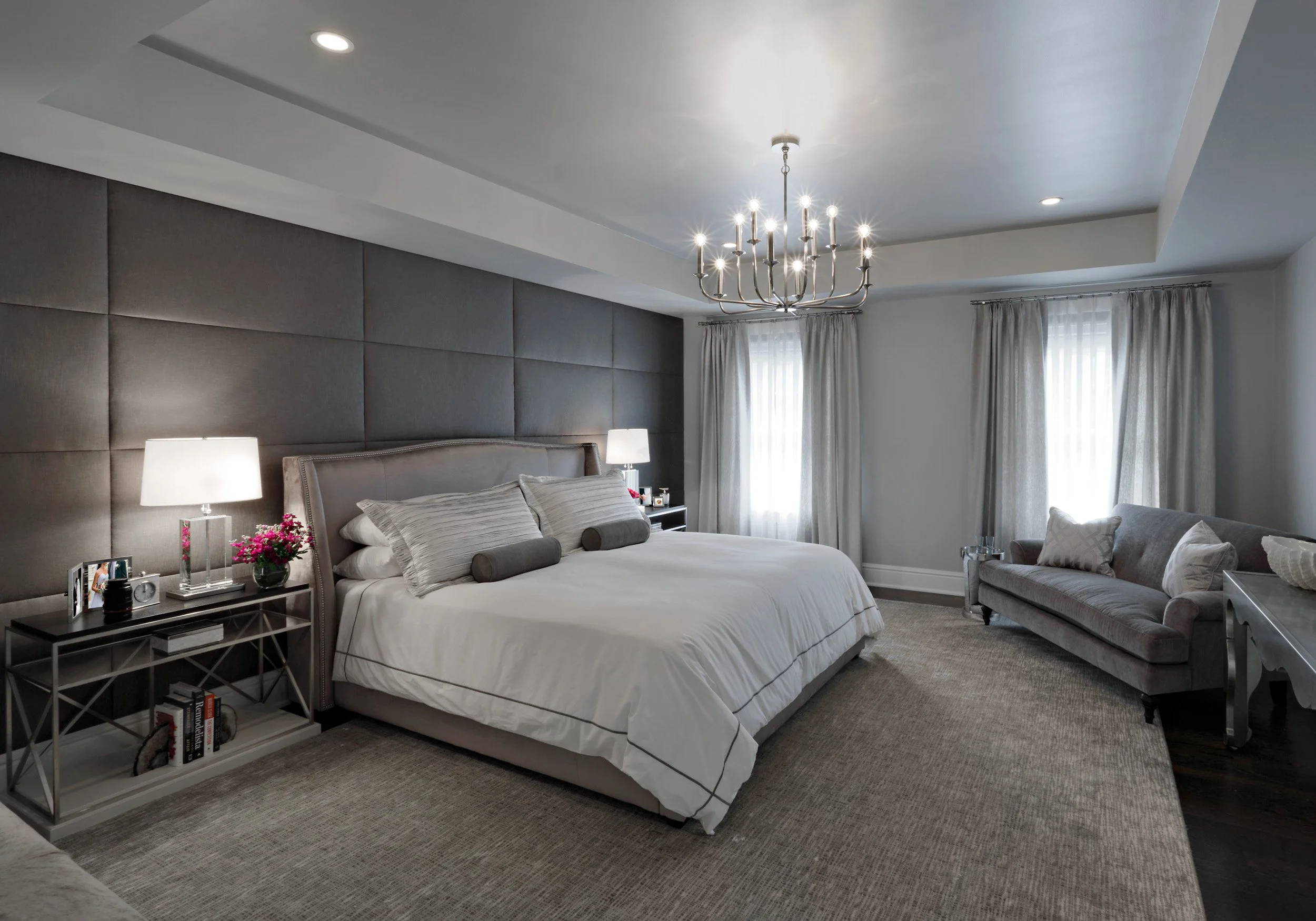 Alternate wide view of Parkfield House in Scarsdale NY primary bedroom by Luminosus Designs.