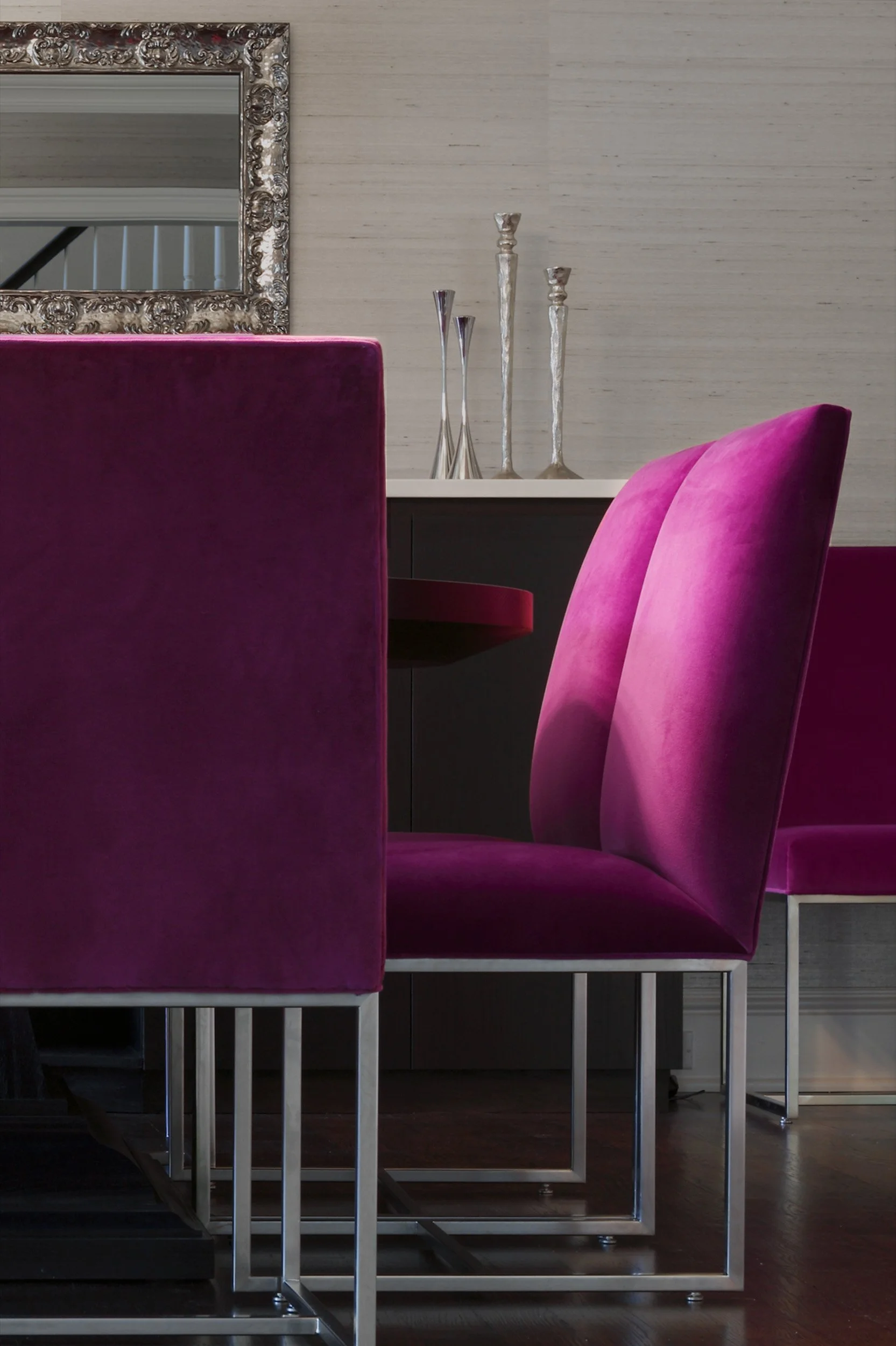 Detail of custom dining chair in Parkfield House in Scarsdale NY dining room.