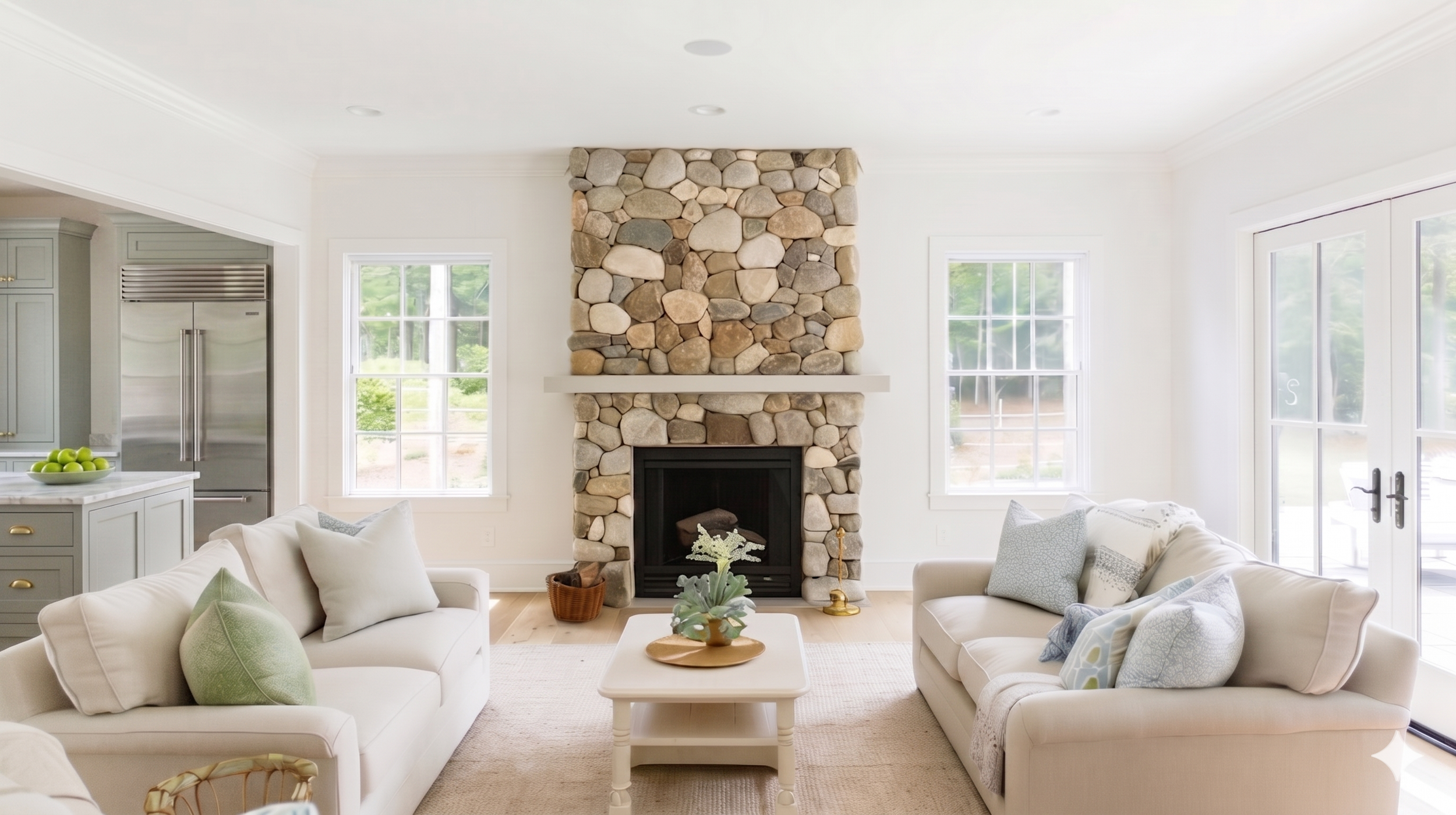 Salt Meadow family room concept for Vanderbilt House, showing a light and relaxed coastal modern farmhouse living space with soft textures, pale tones, and an open refined feeling.