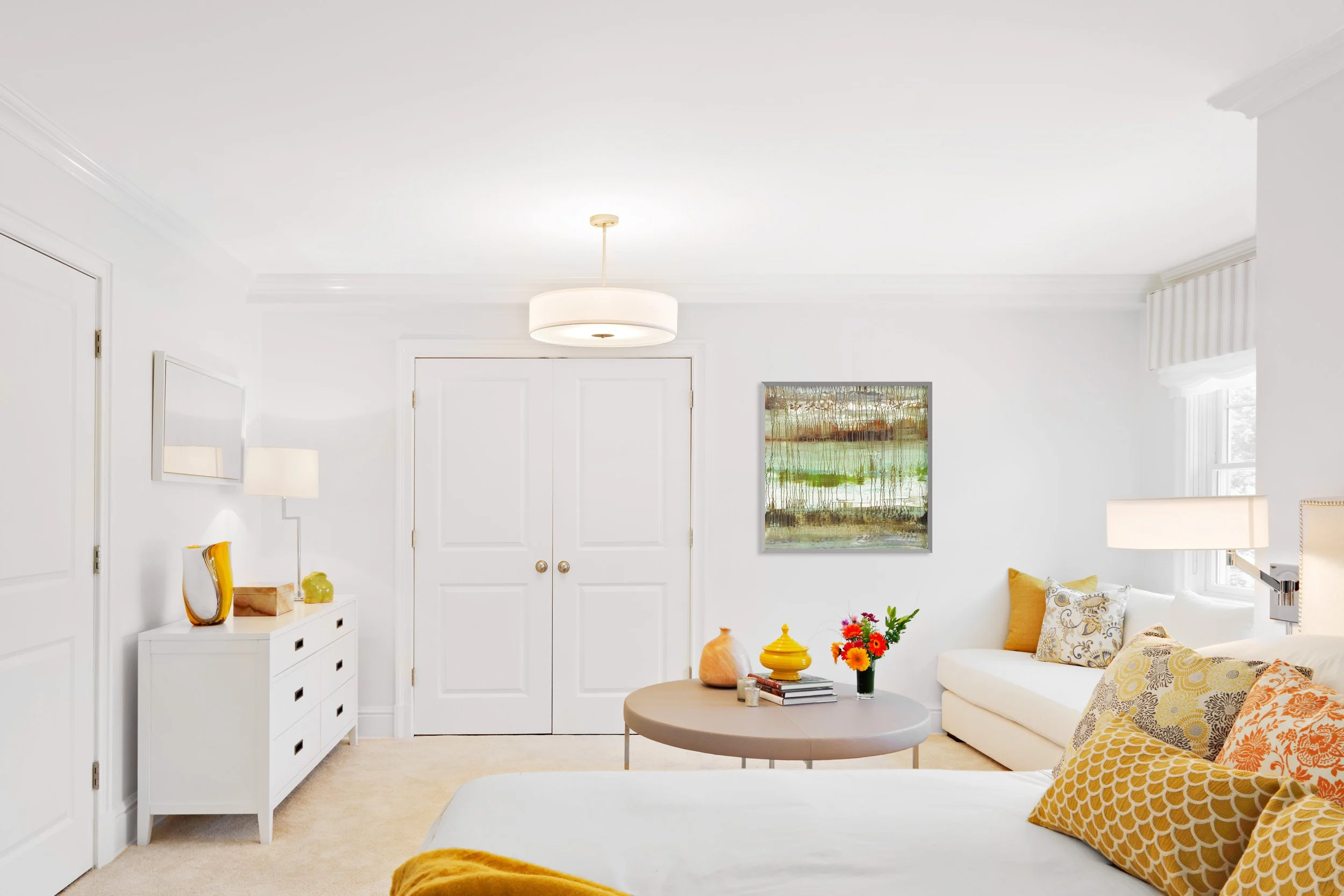 Guest bedroom at Parkfield House in Scarsdale NY featuring custom daybed, coffee table, and writing desk by Luminosus Designs.