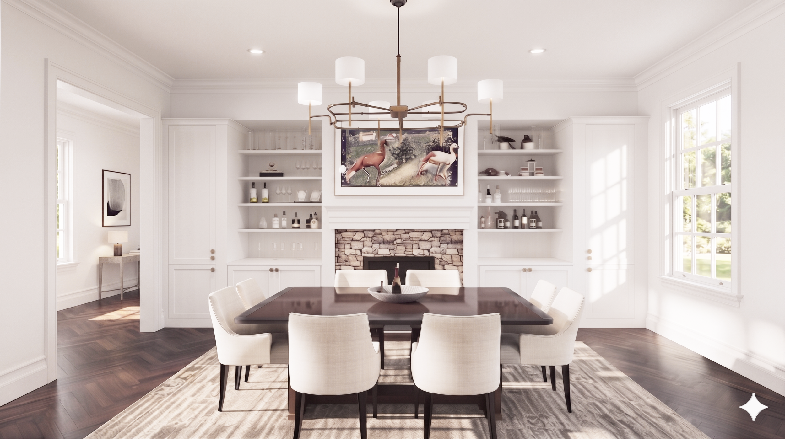 Tailored Fieldstone dining room concept for Vanderbilt House, showing a polished modern farmhouse interior with classic materials, tailored details, and a more architectural point of view.
