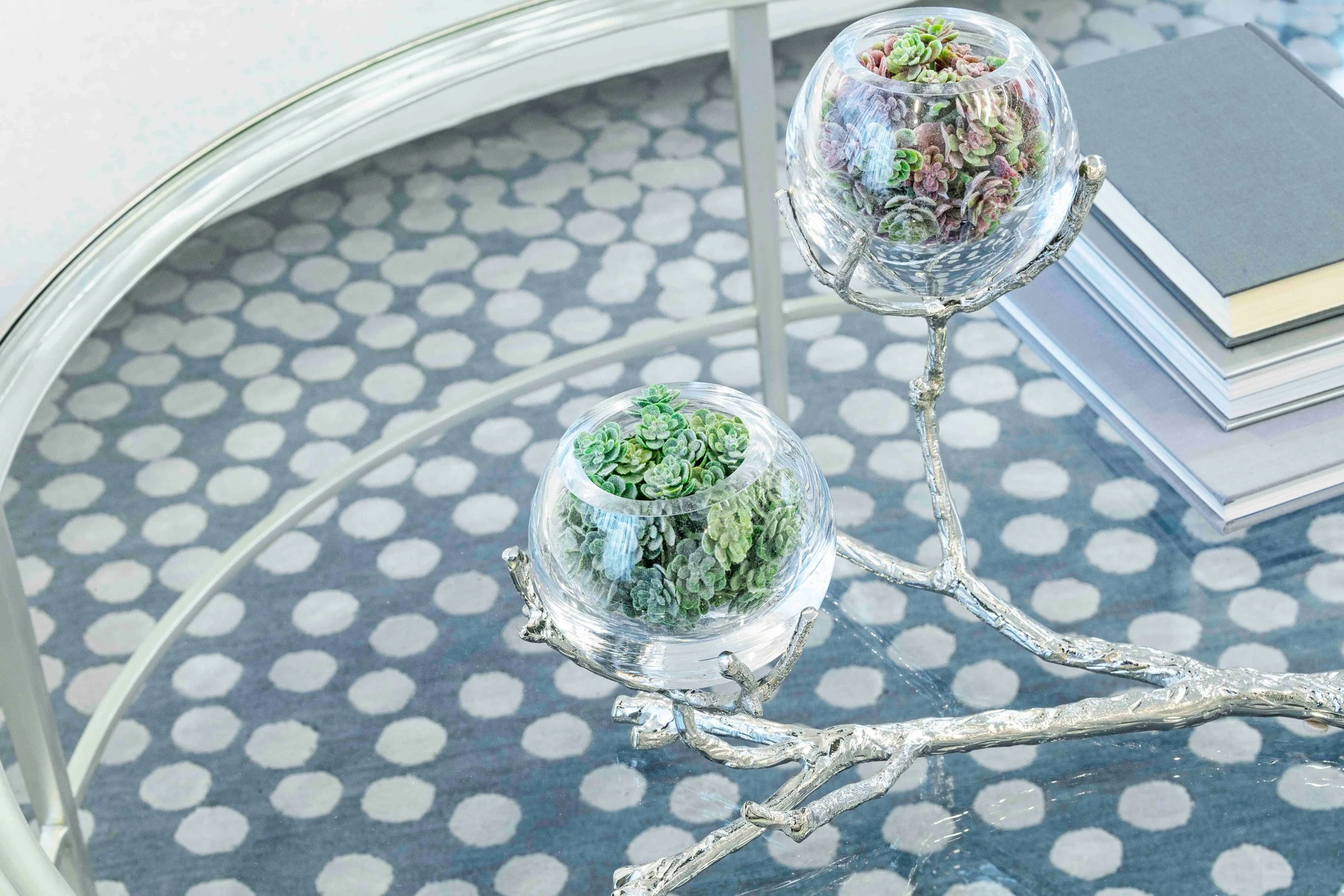 Detail of coffee table and decor in the Glen Oaks living room in Rye, NY.
