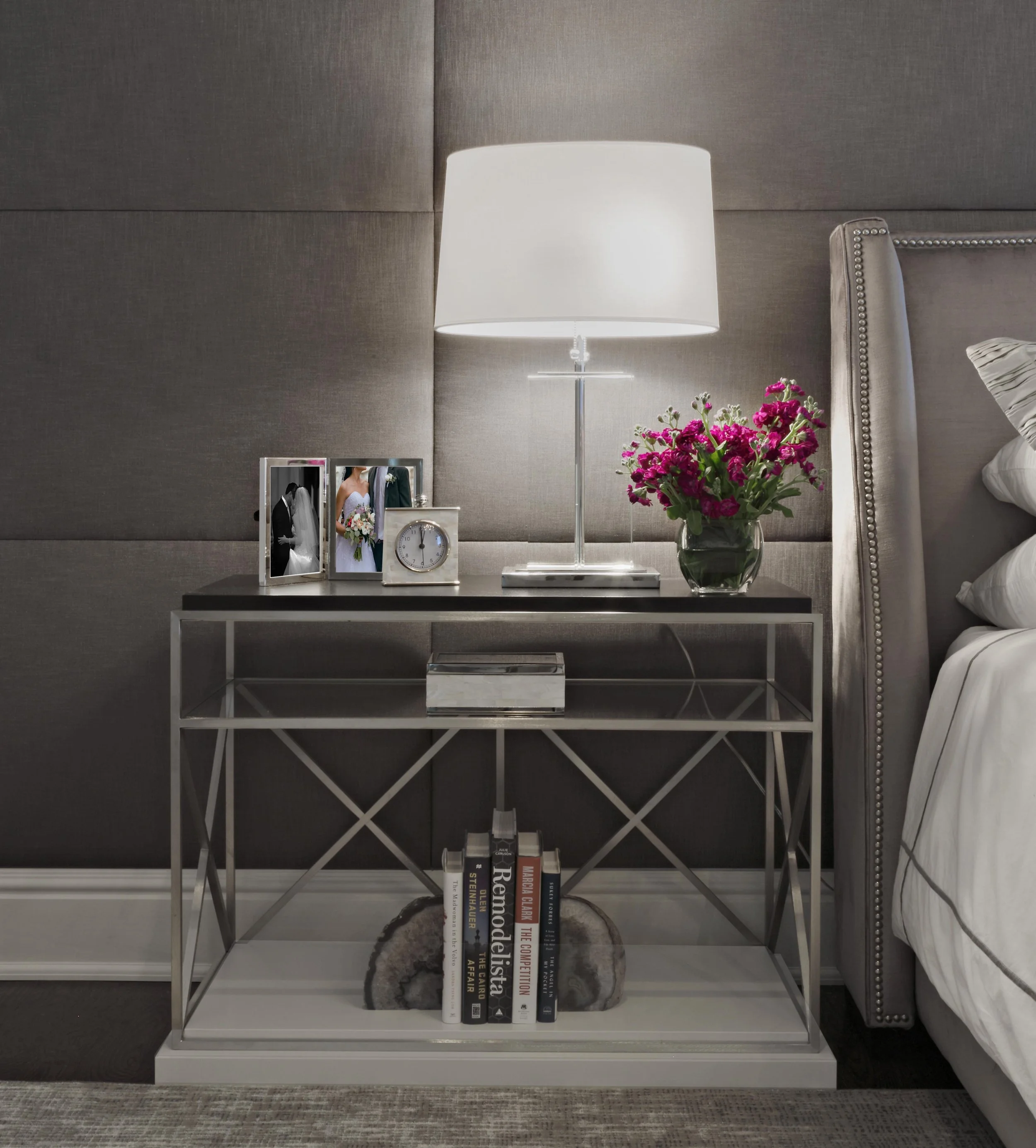 Primary bedroom custom bedside table detail at Parkfield House in Scarsdale NY .