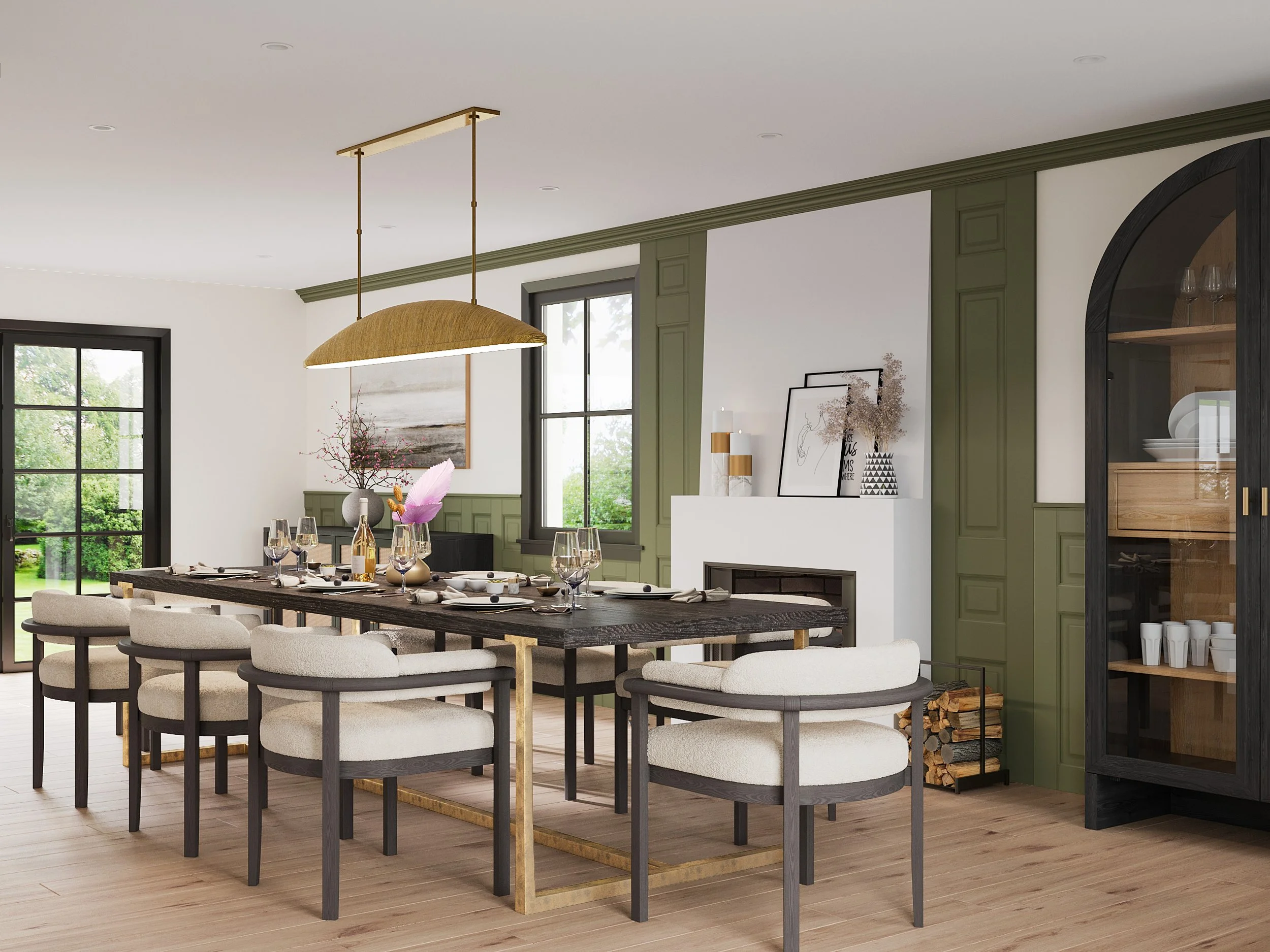 Dining room with layered lighting, custom furnishings, and tailored finishes designed by Luminosus Designs