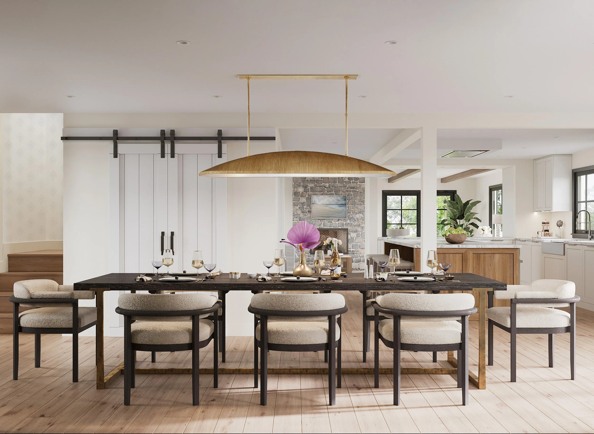 Dining table with a view towards kitchen in  Nanny Hagen House in Thornwood, NY.