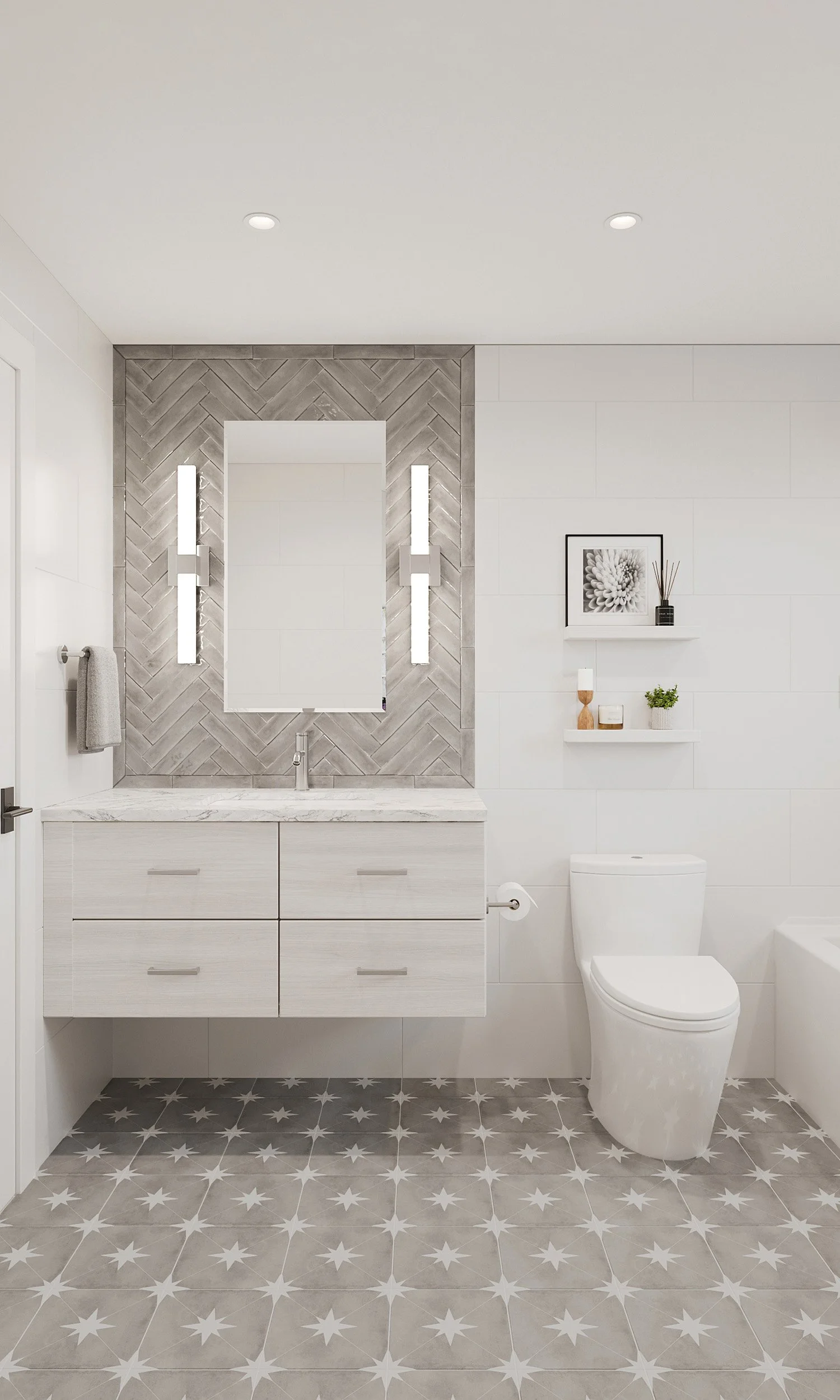 Family bathroom with white floating vanity, warm taupe wall and floor tiles in Nanny Hagen House in Thornwood, NY by Luminosus Designs.