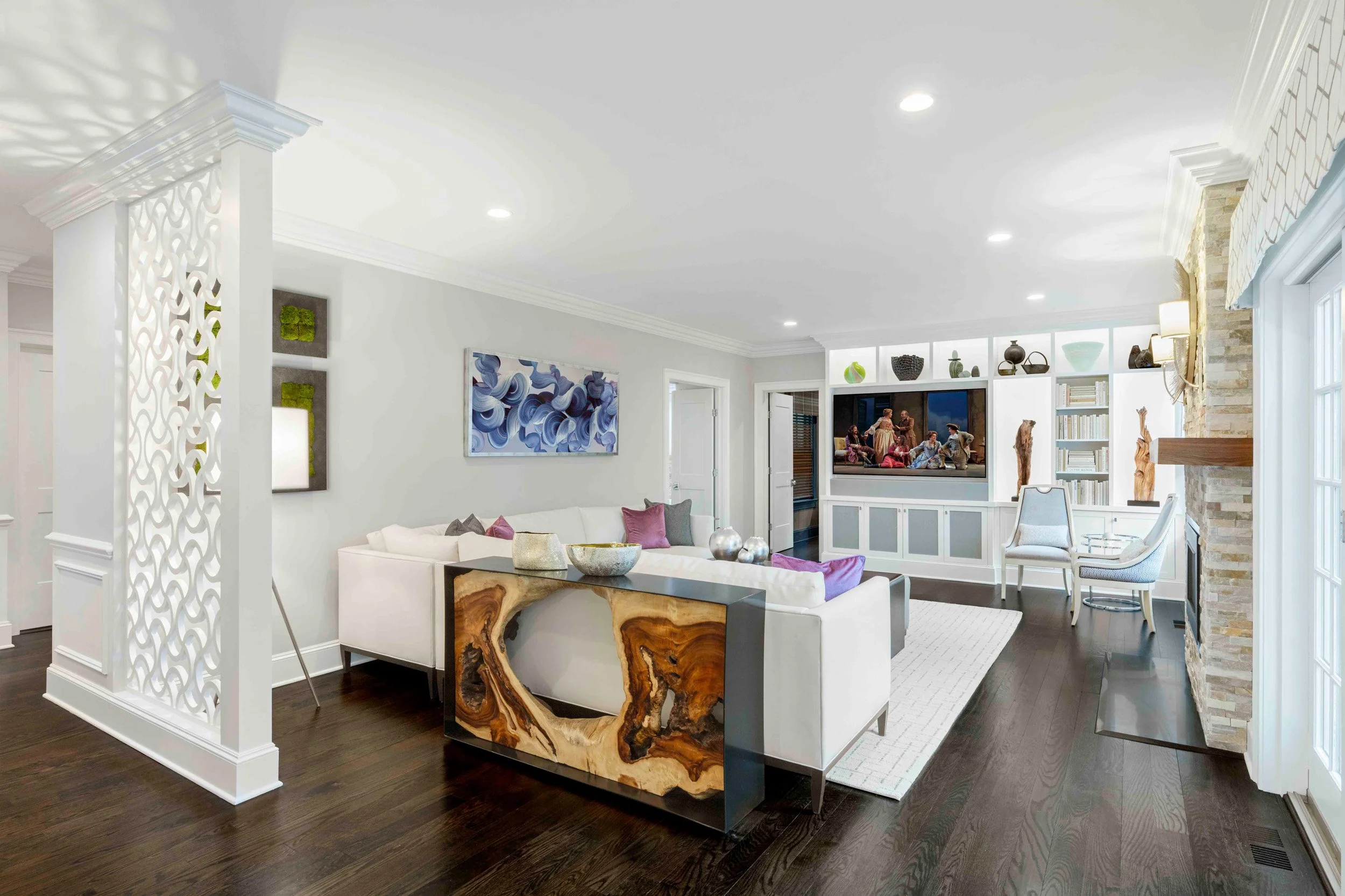 Wide view of family room in the Glen Oaks residence, Rye NY.