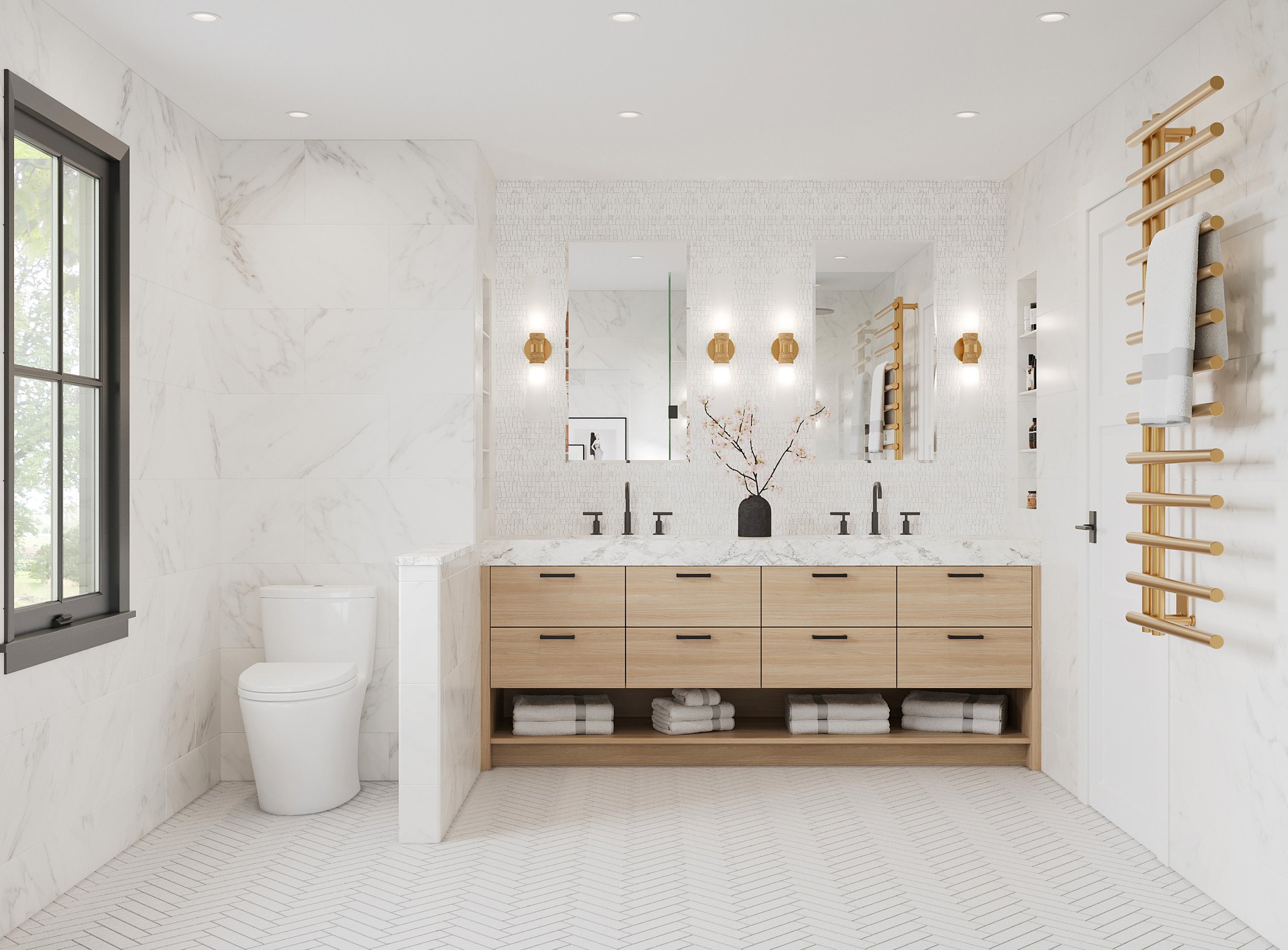 Wide view of primary bathroom double vanity and spa-like custom cabinets in Nanny Hagen House in Thornwood, NY.