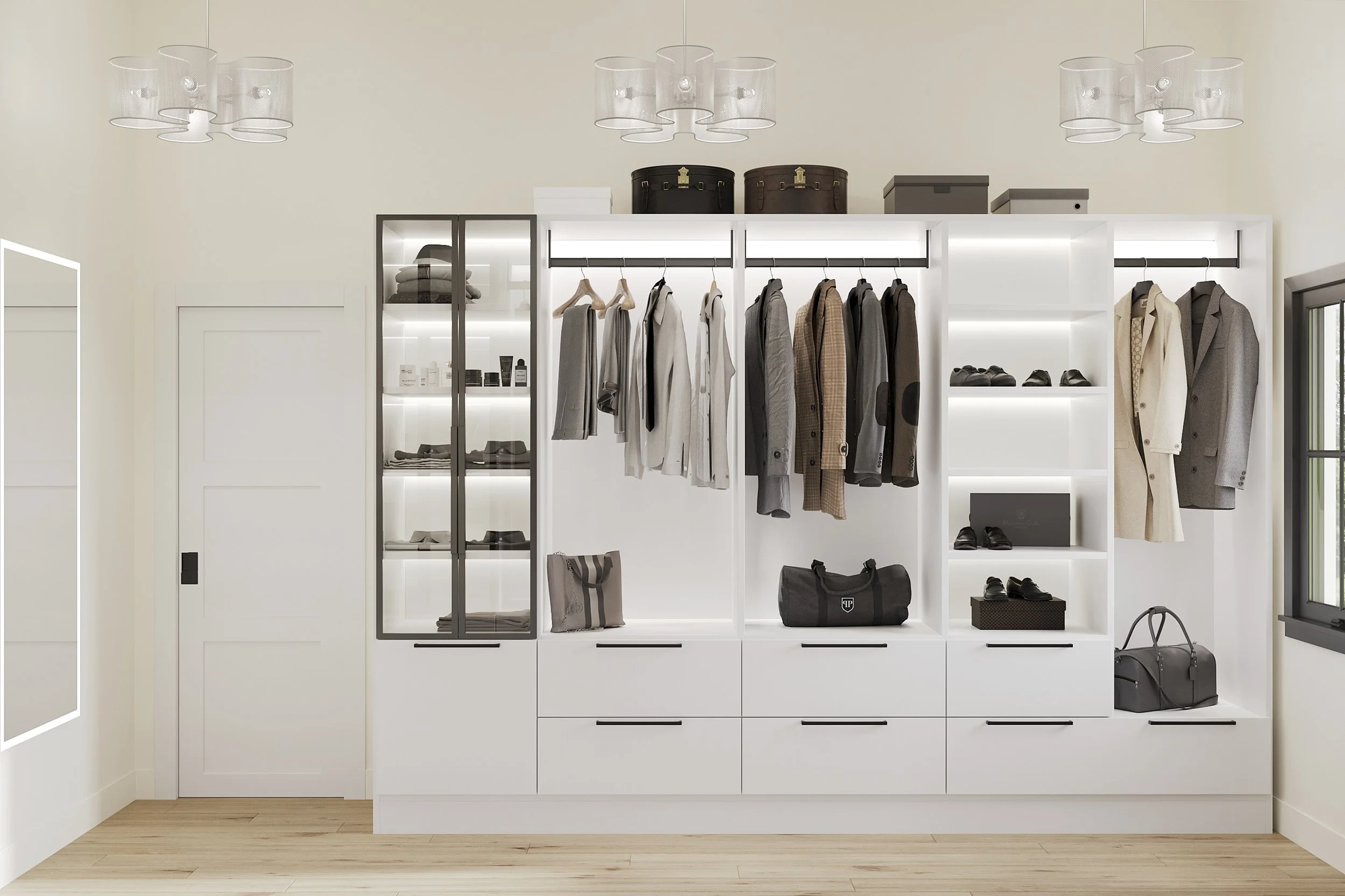 His side storage in primary closet in Nanny Hagen House in Thorwood, NY.