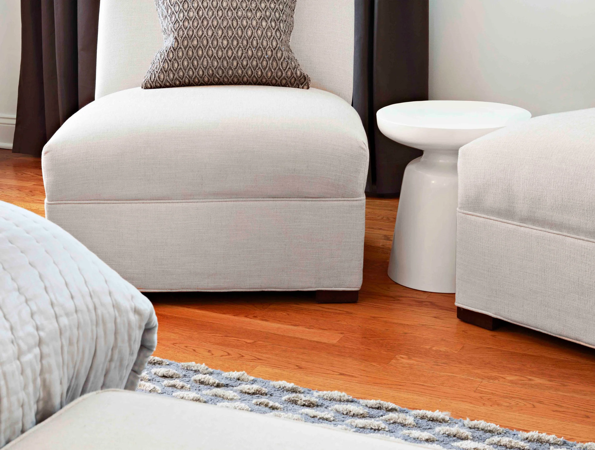 Furniture and textile detail in the primary bedroom for the Old Wagon project in Old Greenwich, CT.