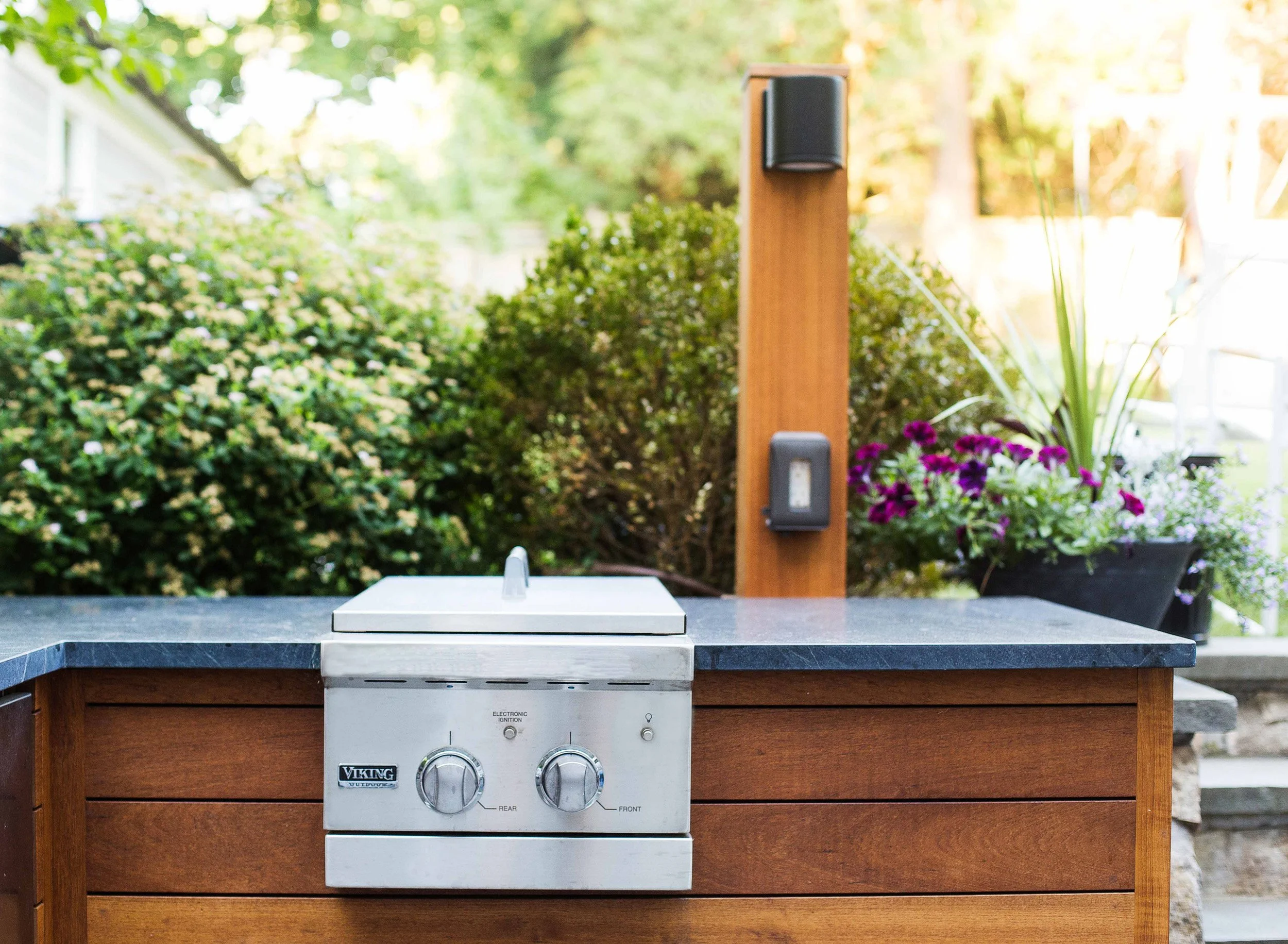 Close-up of built-in grill in the outdoor kitchen at the Indian Field Outdoor project in Greenwich, CT.