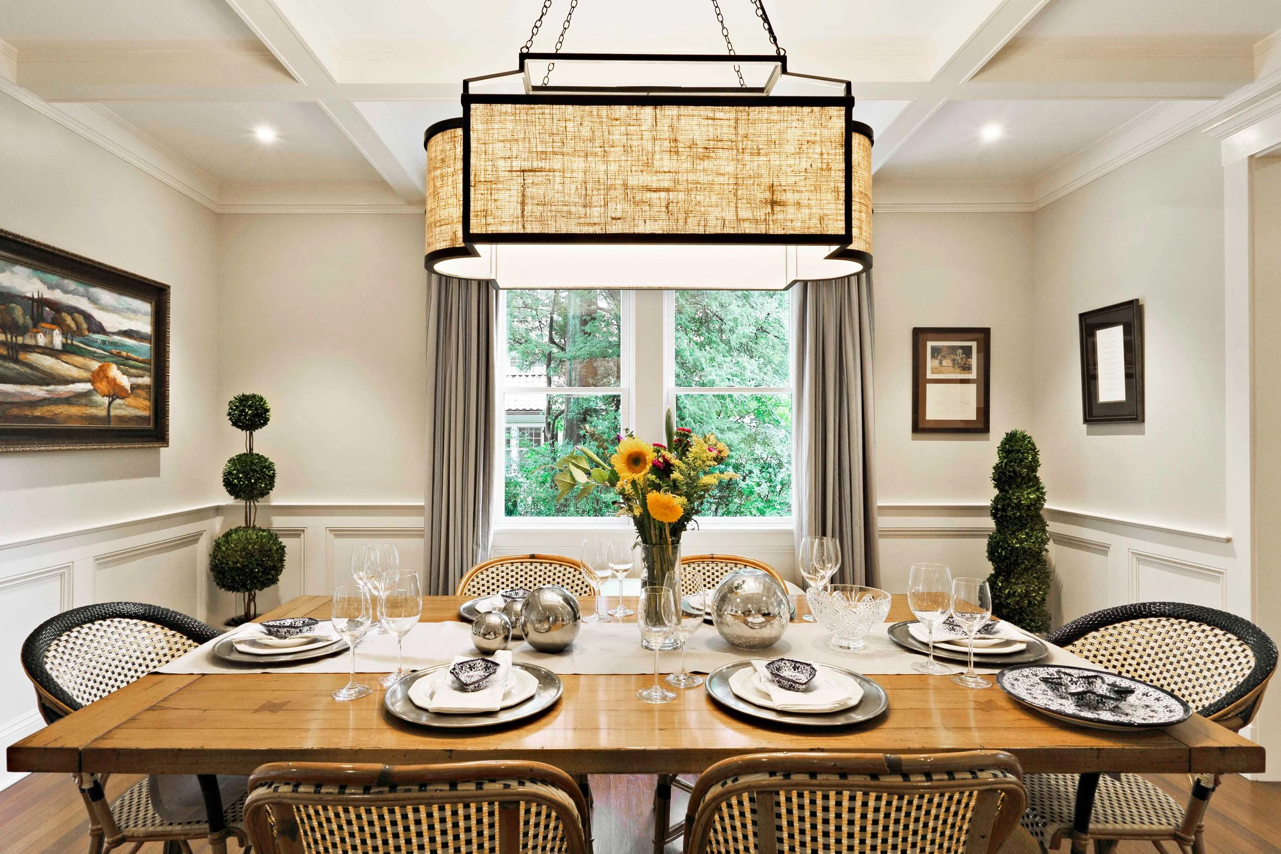 Custom dining room design in Indian Field residence in Greenwich, CT by Luminosus Designs featuring refined proportions and natural light.