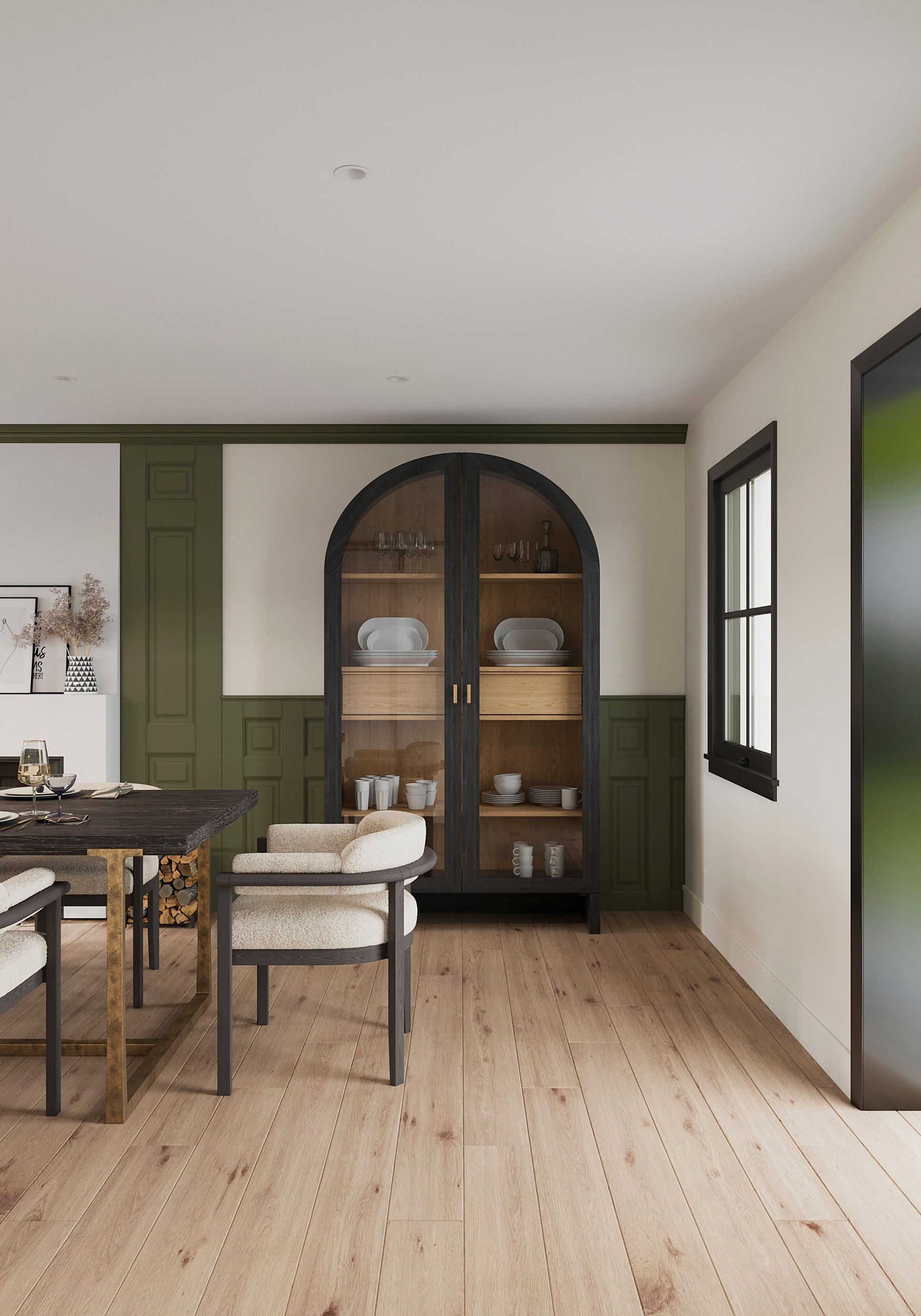 Dining room sideboard with clean-lined cabinetry in  Nanny Hagen House in Thornwood, NY.