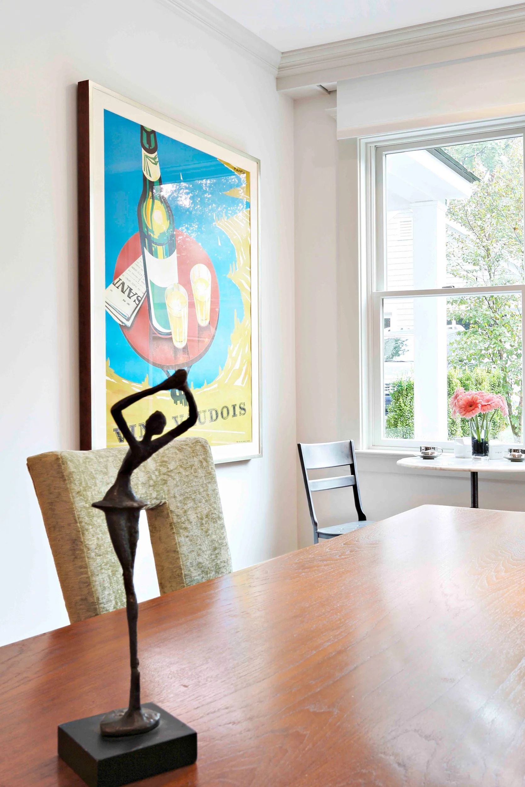 Detail of vintage mid-century modern desk integrated into family room workspace in Indian Field residence in Greenwich, CT.