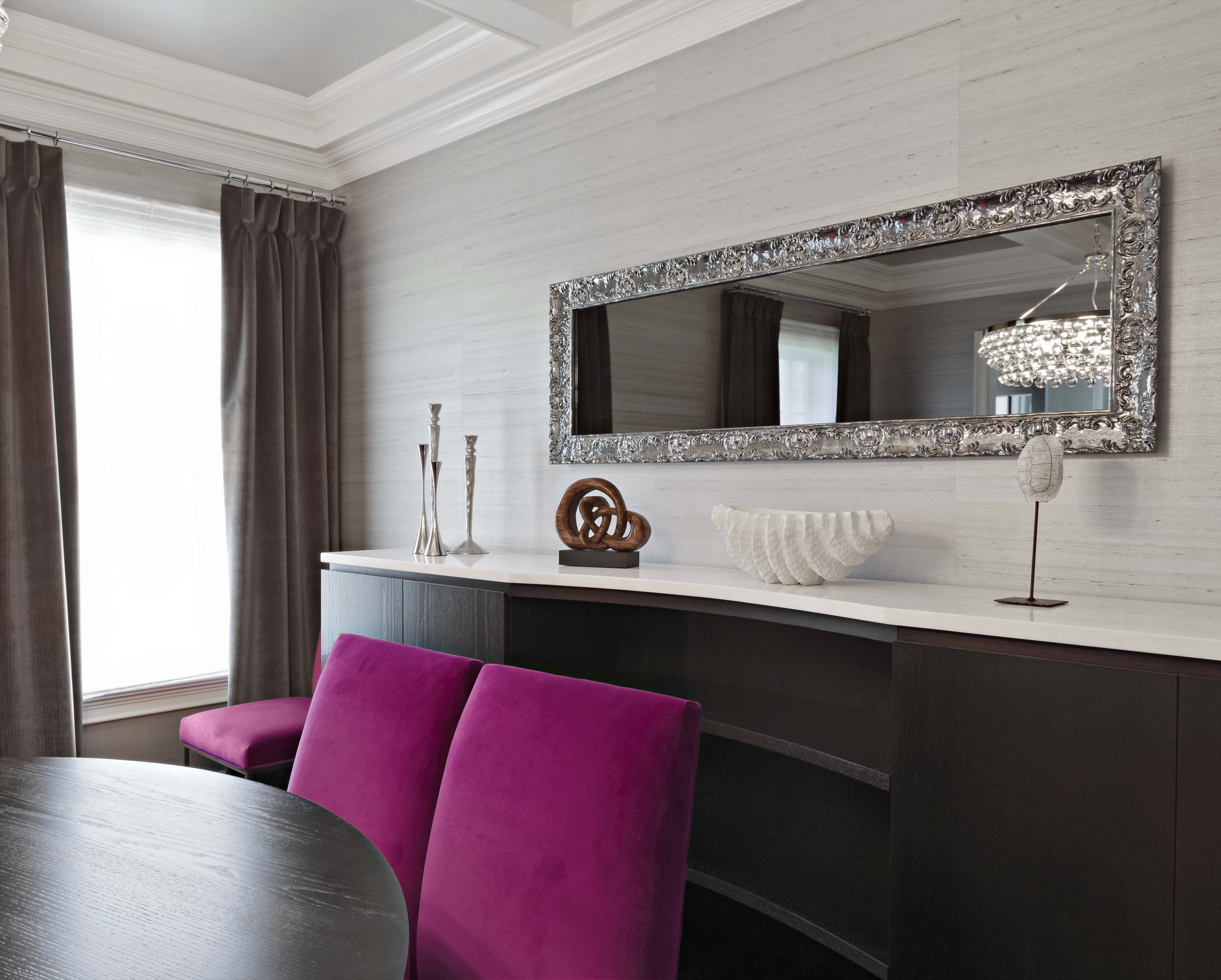 Formal dining room in Parkfield House in Scarsdale NY home featuring custom buffet designed by Luminosus Designs.