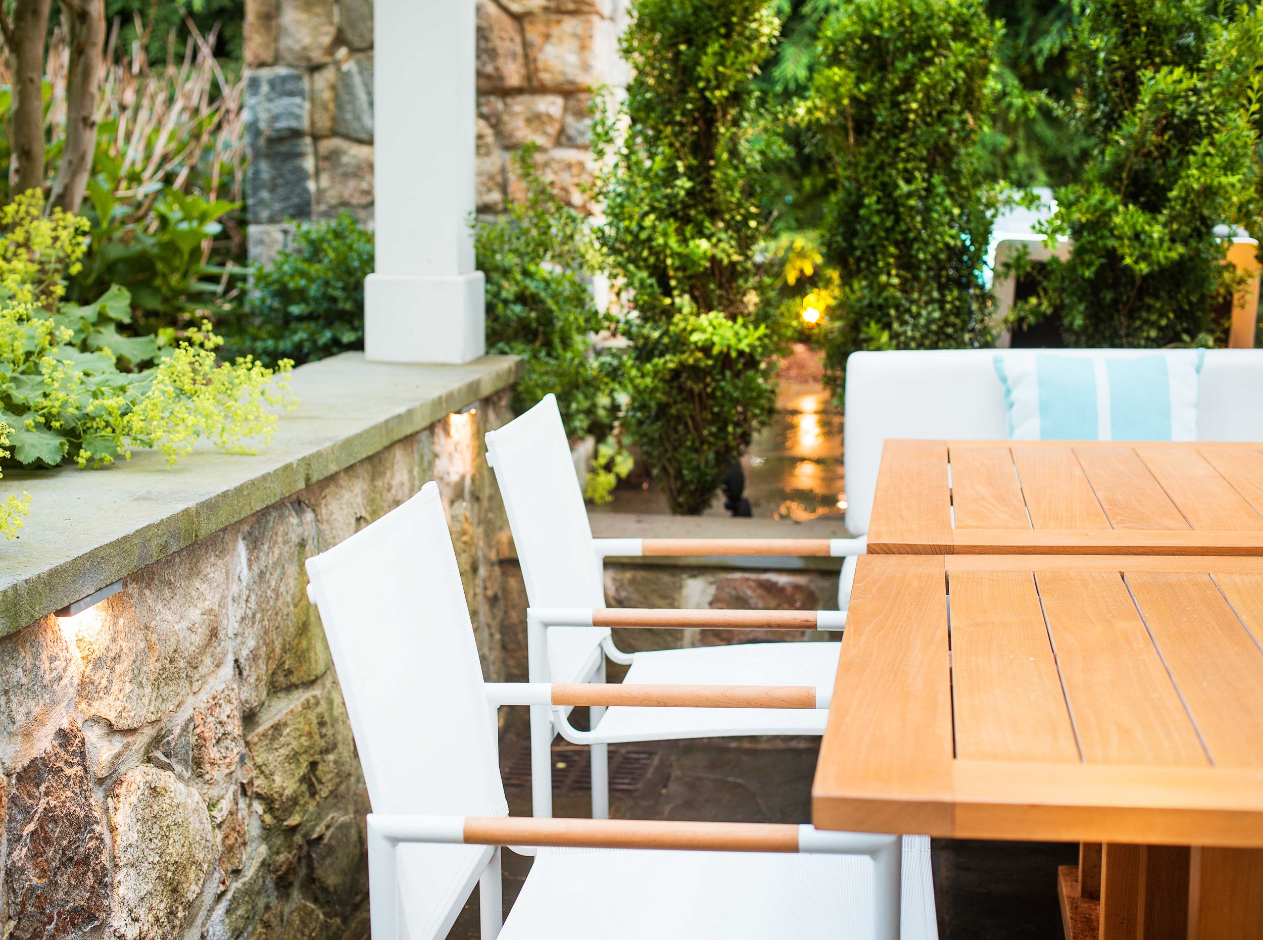 Close-up of dining chairs at the Indian Field Outdoor project in Greenwich, CT.