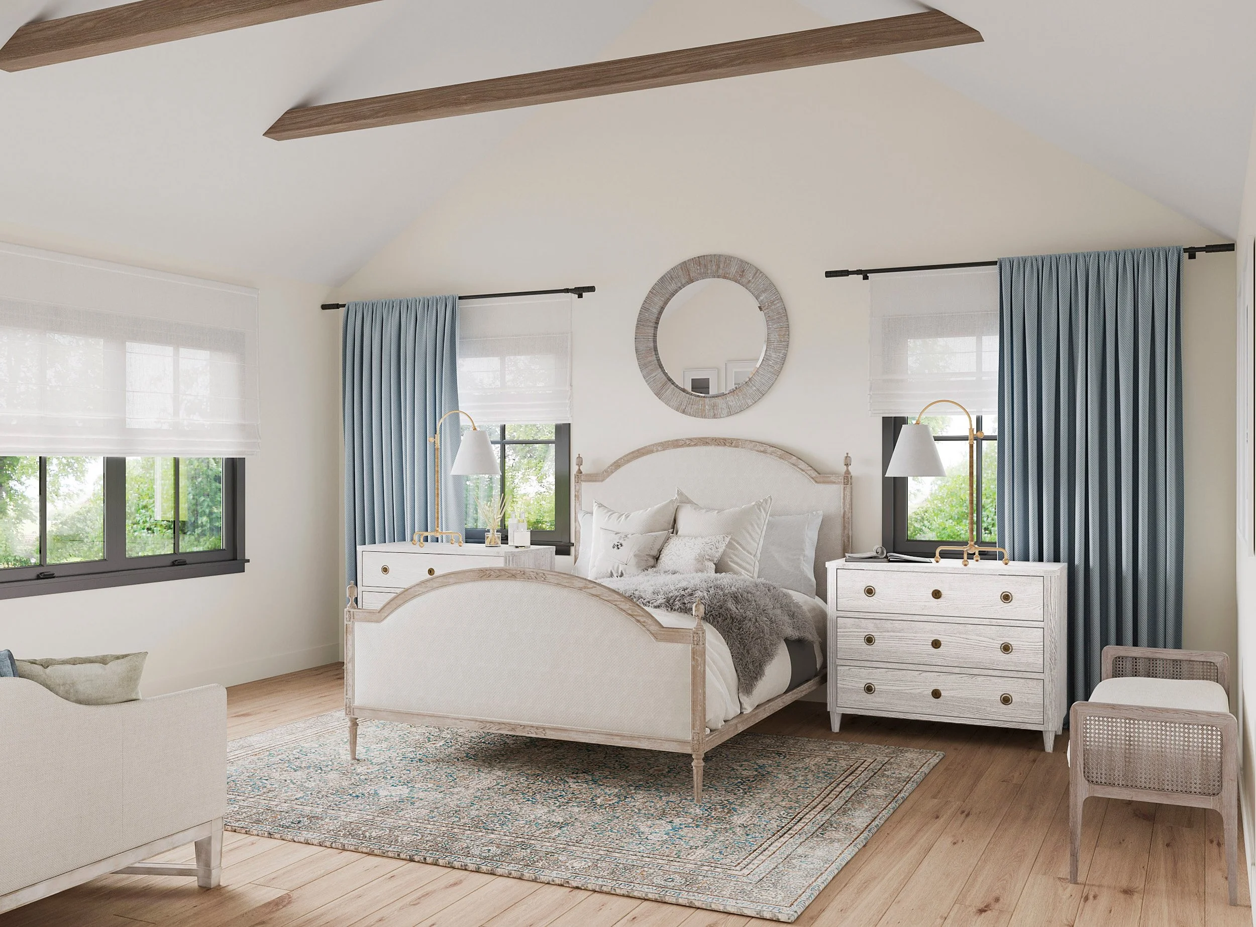 Primary bedroom featuring exposed beams, abundant natural light, and french-inspired furniture in Nanny Hagen House in Thornwood, NY by Luminosus Designs.