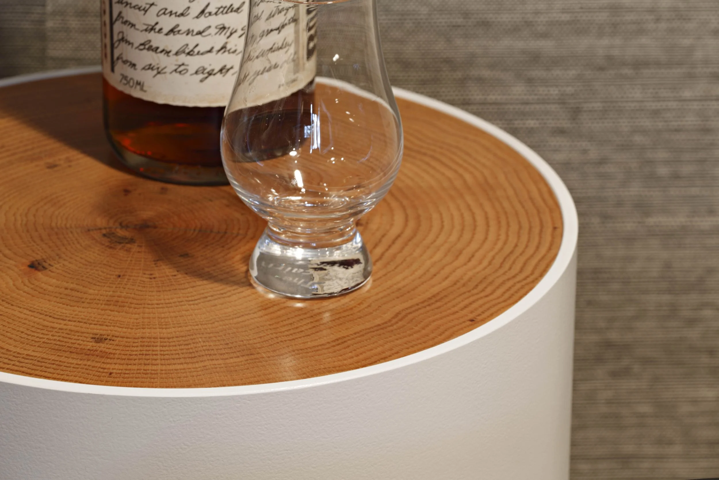 Close-up of drink table accent within home office.