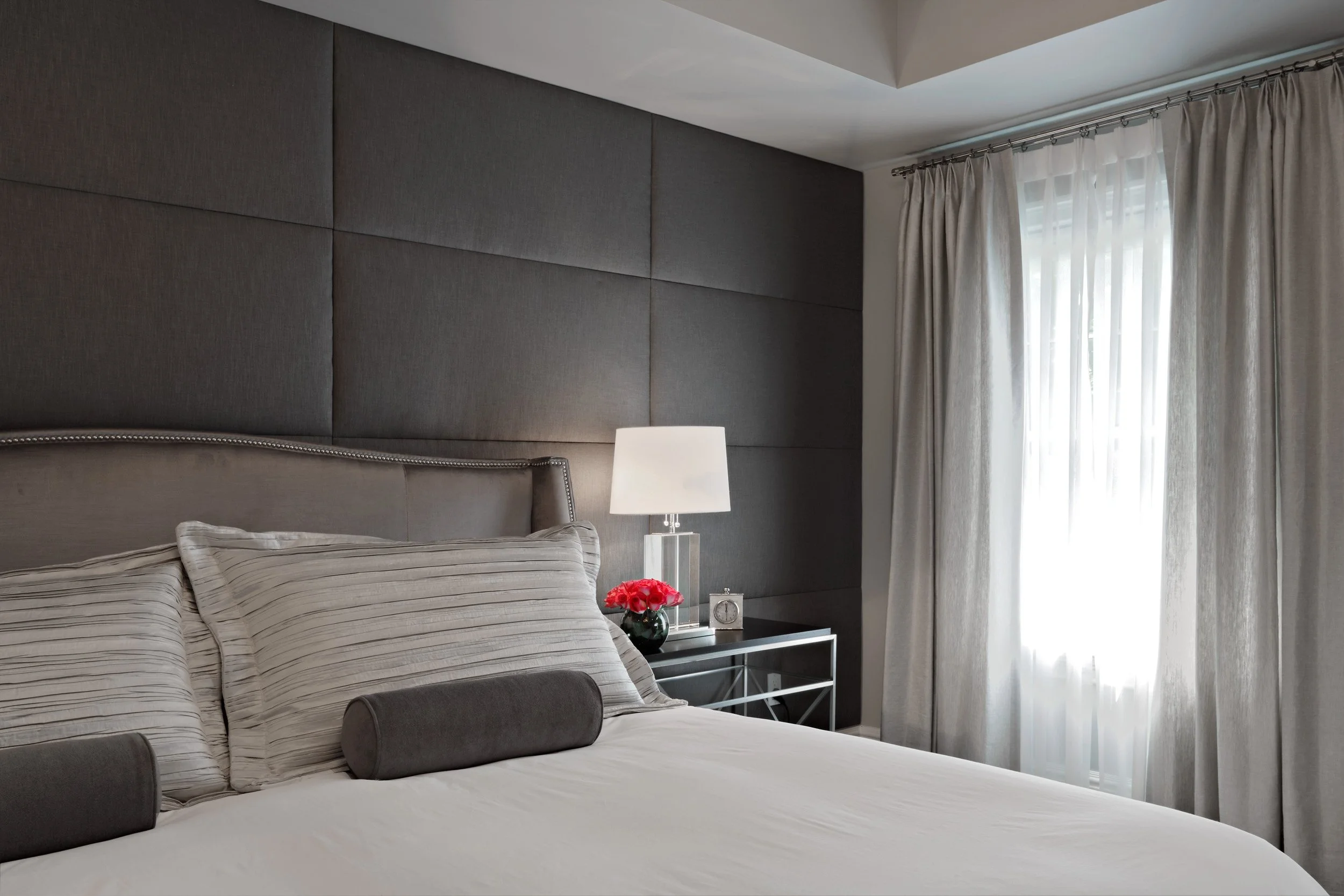 Window treatment detail in Parkfield House in Scarsdale NY primary bedroom.