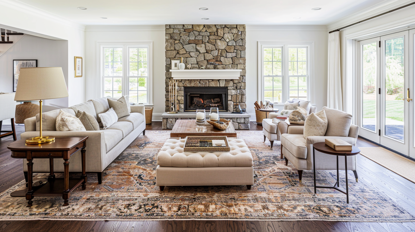 Tailored Fieldstone family room concept for Vanderbilt House, showing a structured modern farmhouse living space with stronger contrast, tailored details, and a grounded architectural feeling.