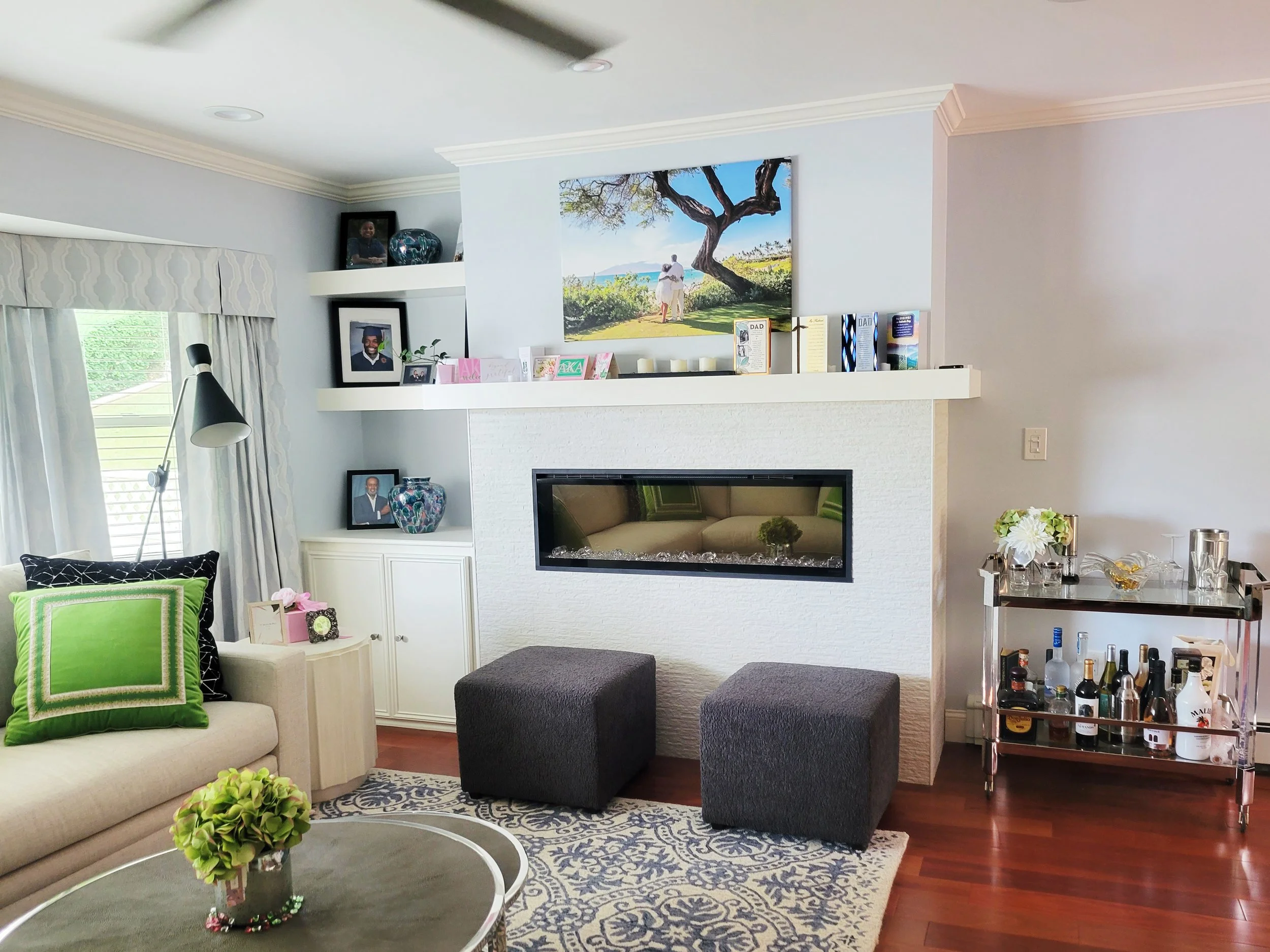 A close-up of modern gas fireplace and built-in at the Drisler House in White Plains, NY.