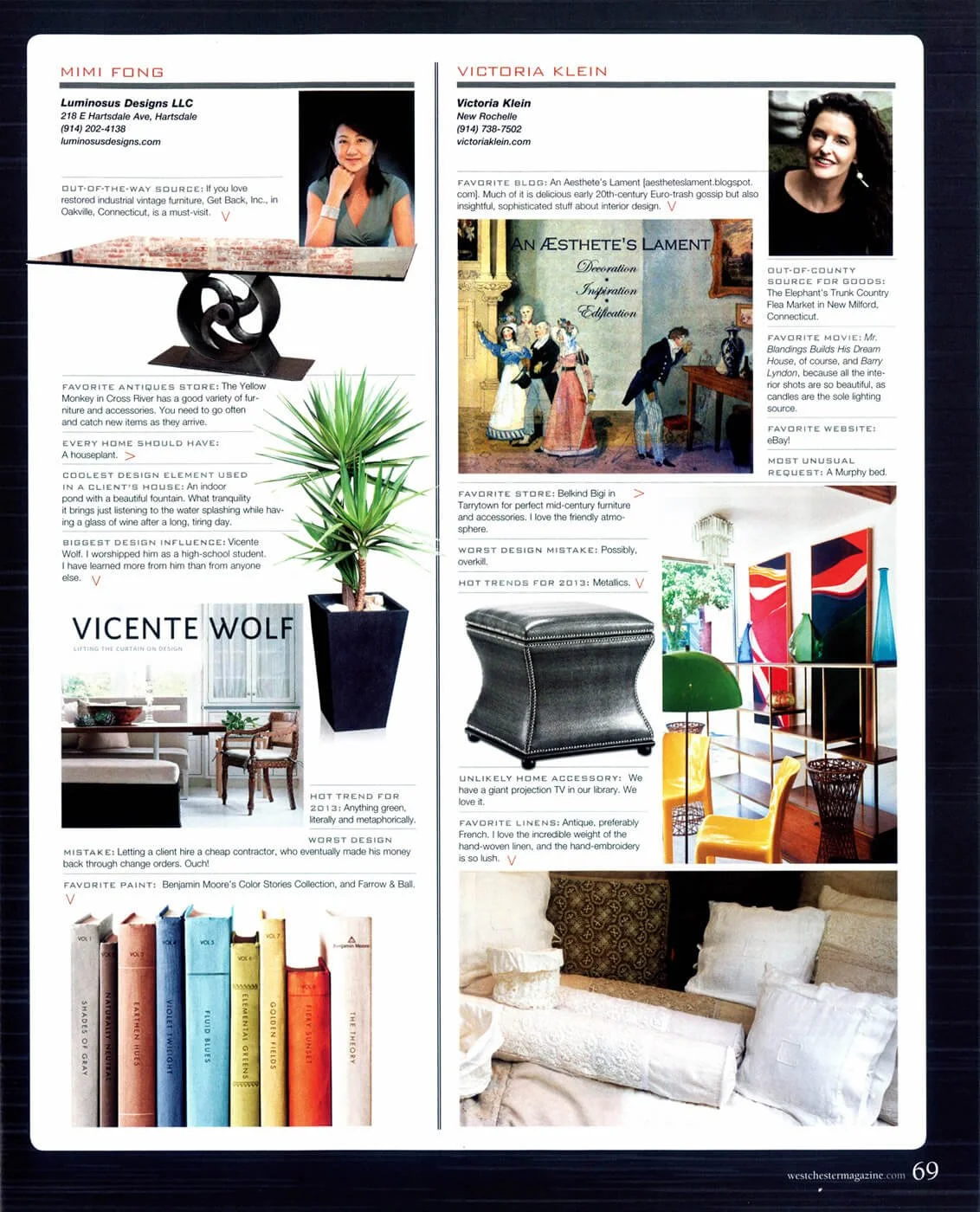 Westchester Home Winter 2013 Designer Secrets interview featuring Mimi Fong of Luminosus Designs