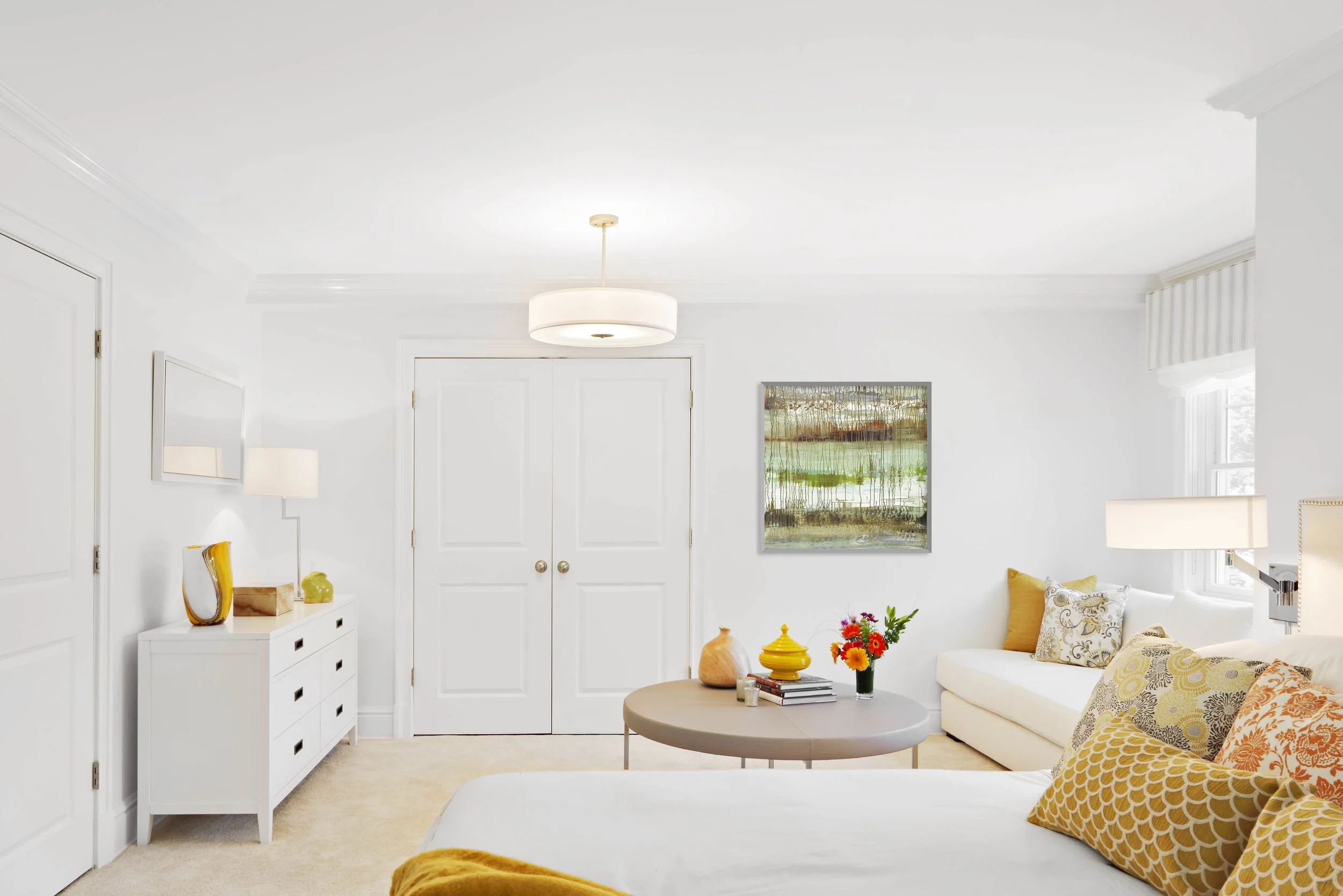 Guest bedroom at Parkfield House in Scarsdale NY featuring custom daybed, coffee table, and writing desk by Luminosus Designs.