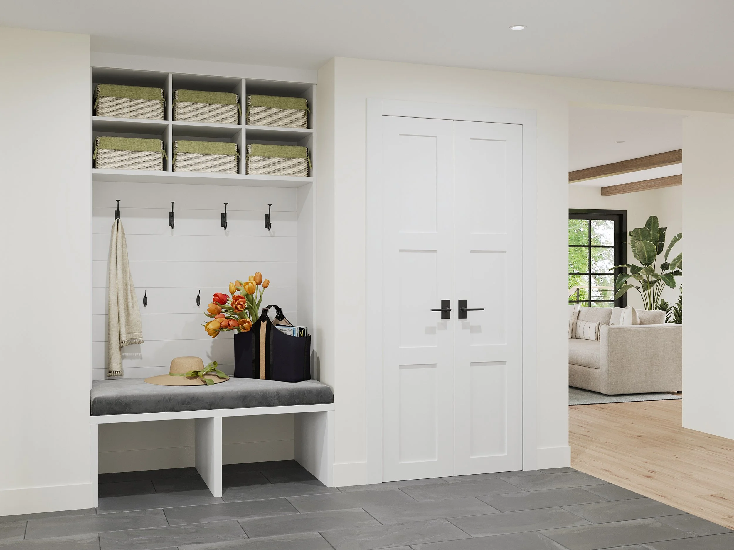 Foyer with custom built-in bench and coat closet designed by Luminosus Designs.