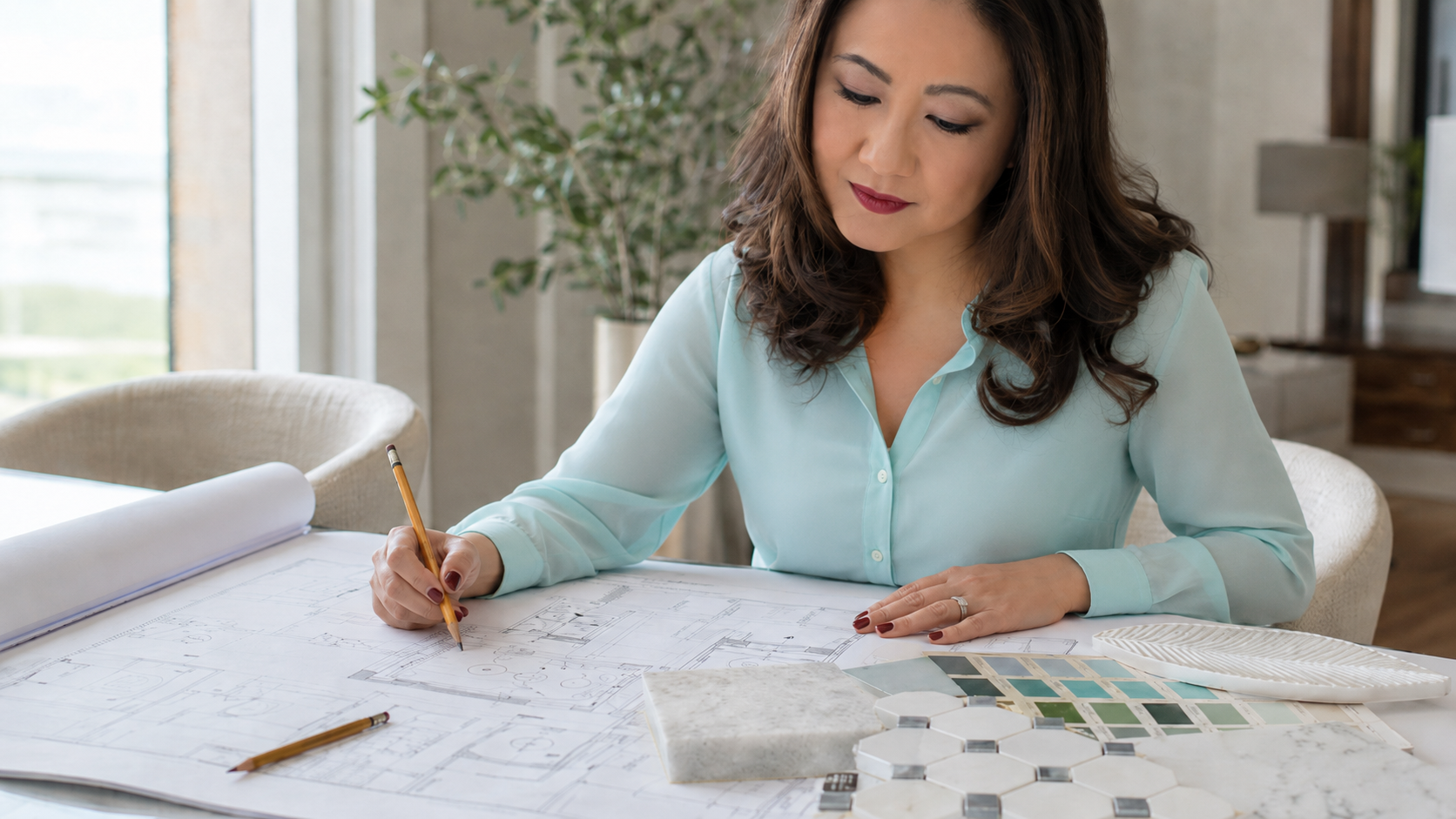 Interior designer reviewing renovation drawings and material selections