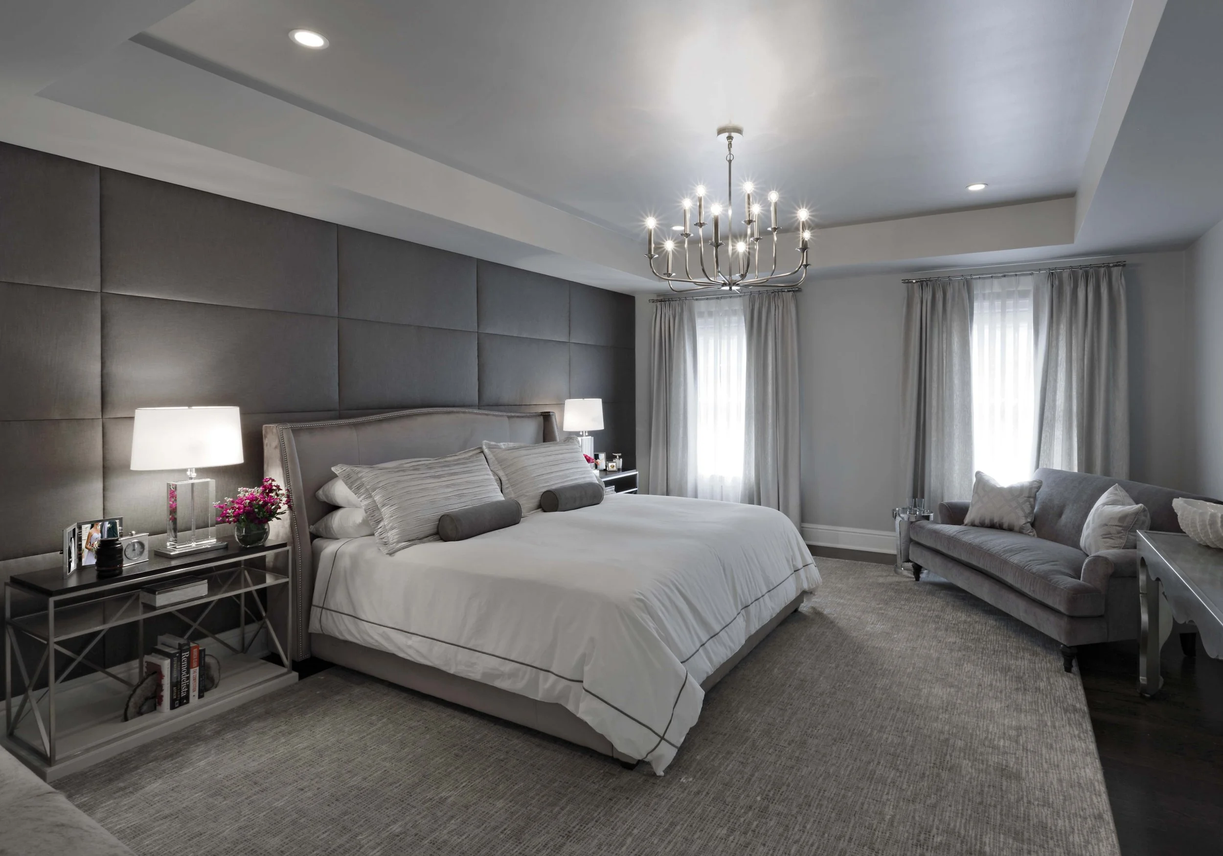 Alternate wide view of Parkfield House in Scarsdale NY primary bedroom by Luminosus Designs.