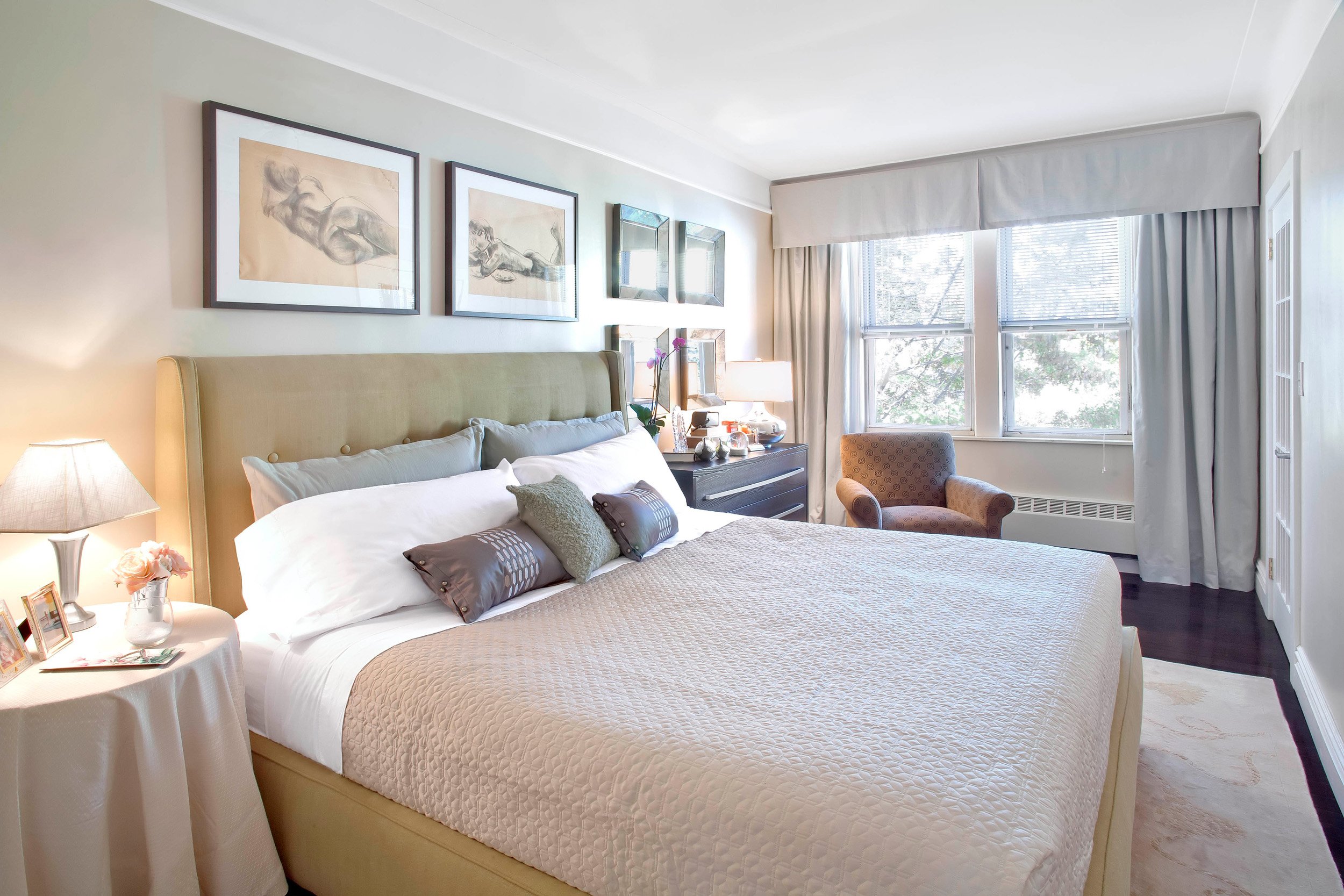 Wide view of primary bedroom at the Muliner House in Bronx, NY.