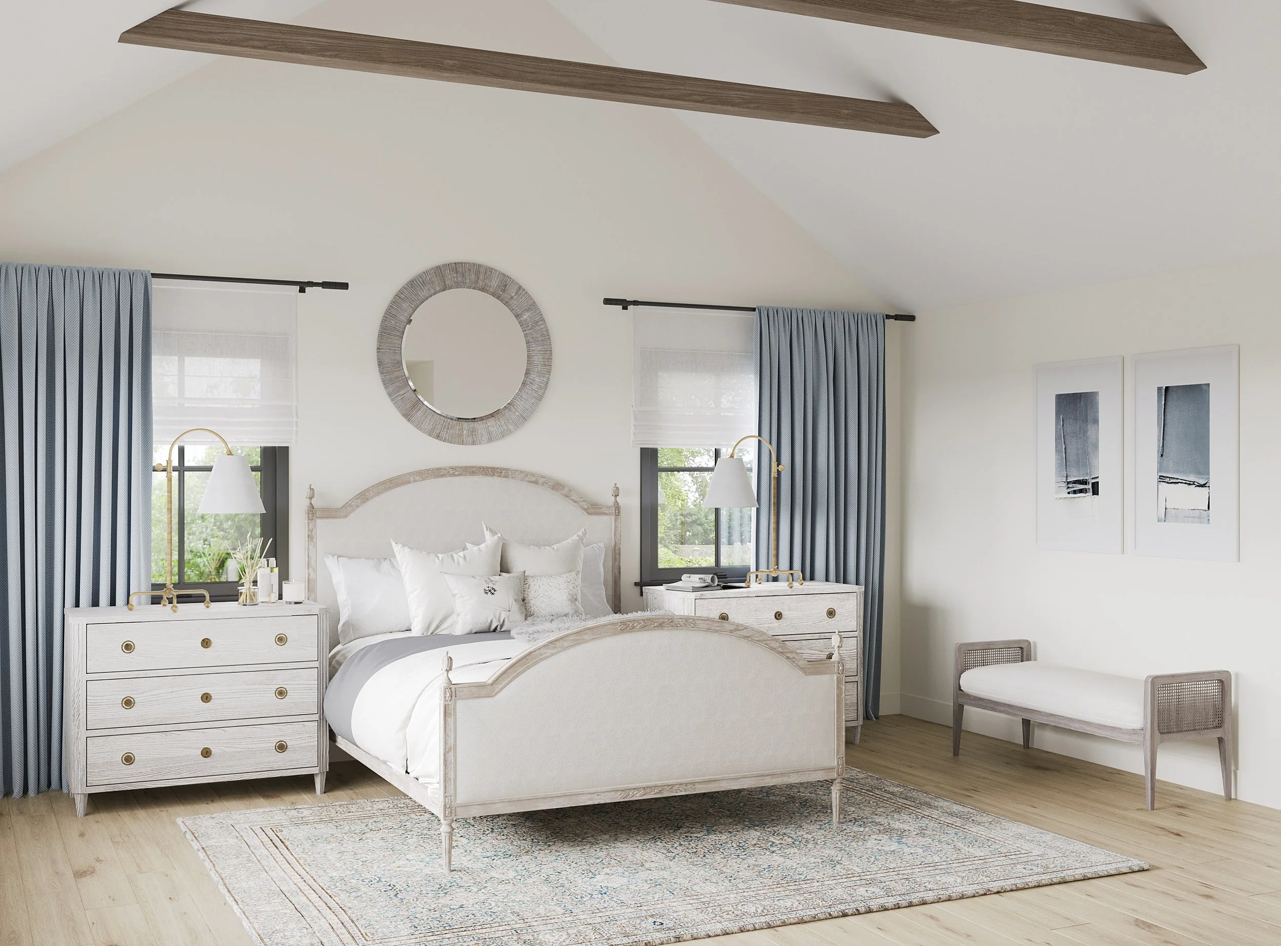 Primary bedroom featuring exposed beams, abundant natural light, and french-inspired furniture in Nanny Hagen House in Thornwood, NY by Luminosus Designs.
