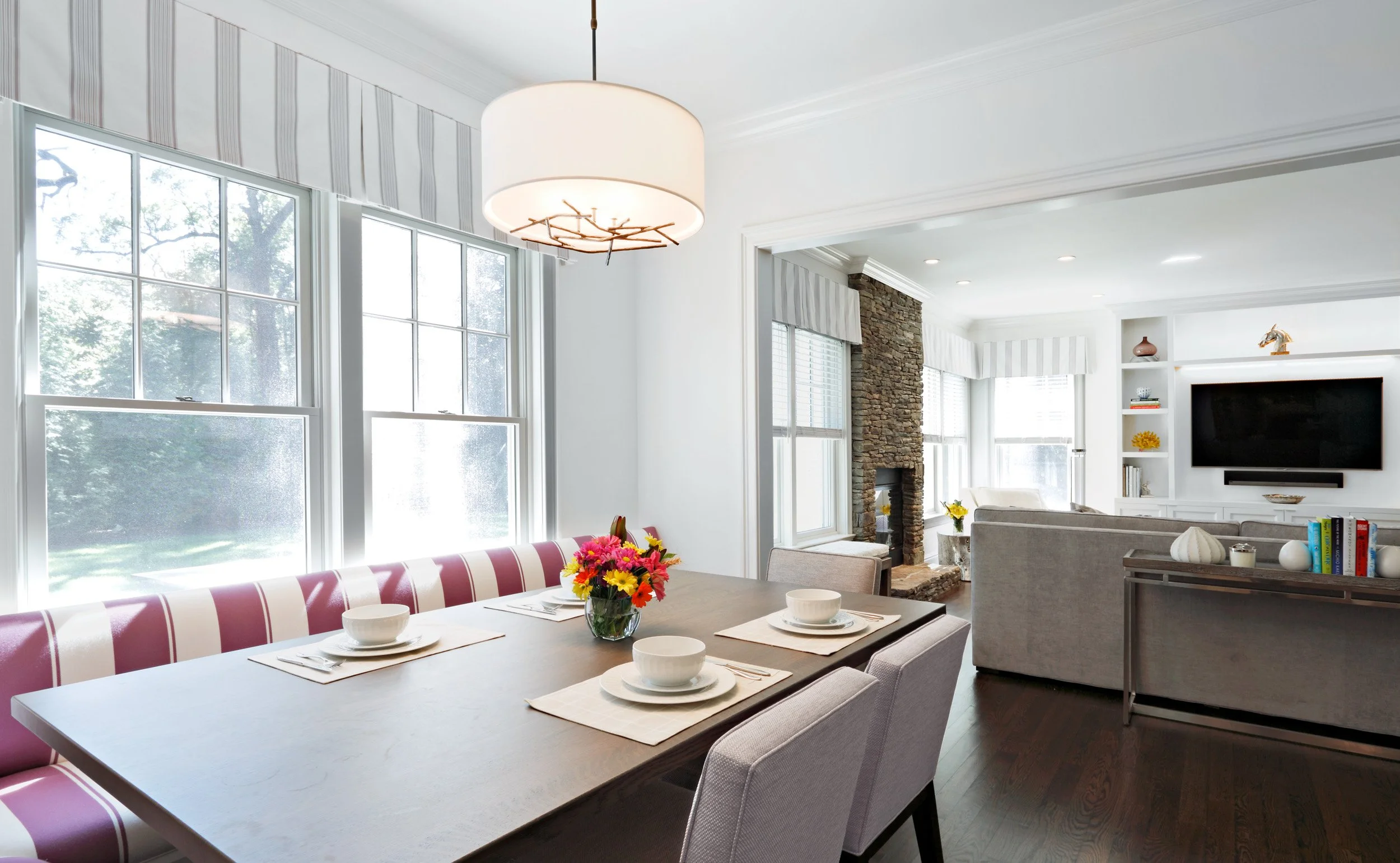 Breakfast area banquette with view to family room in Parkfield House in Scarsdale NY residence