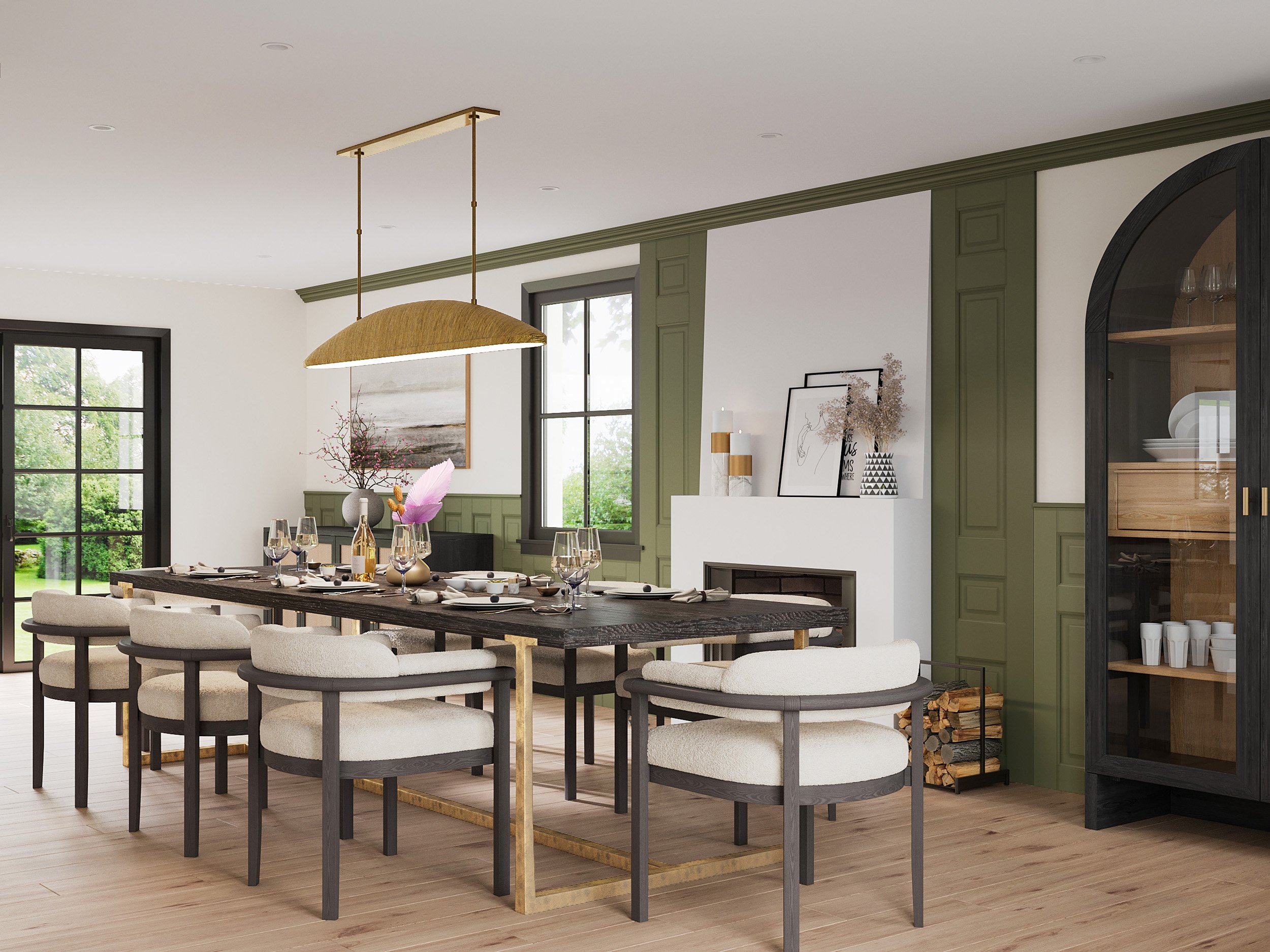 Dining room with layered lighting, custom furnishings, and tailored finishes designed by Luminosus Designs for Nanny Hagen House in Thornwood, NY.