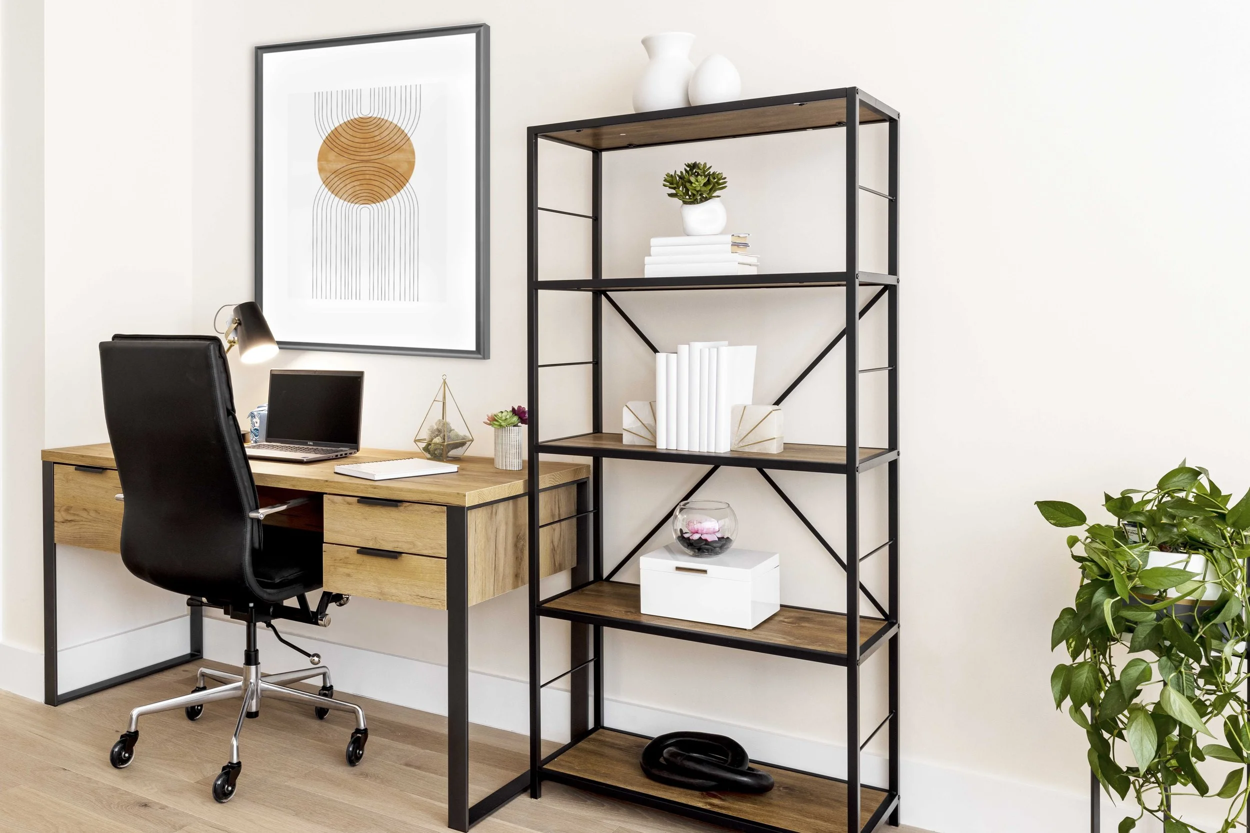 Close-up of the desk and workspace styling in the Gramercy Arms NYC study area.