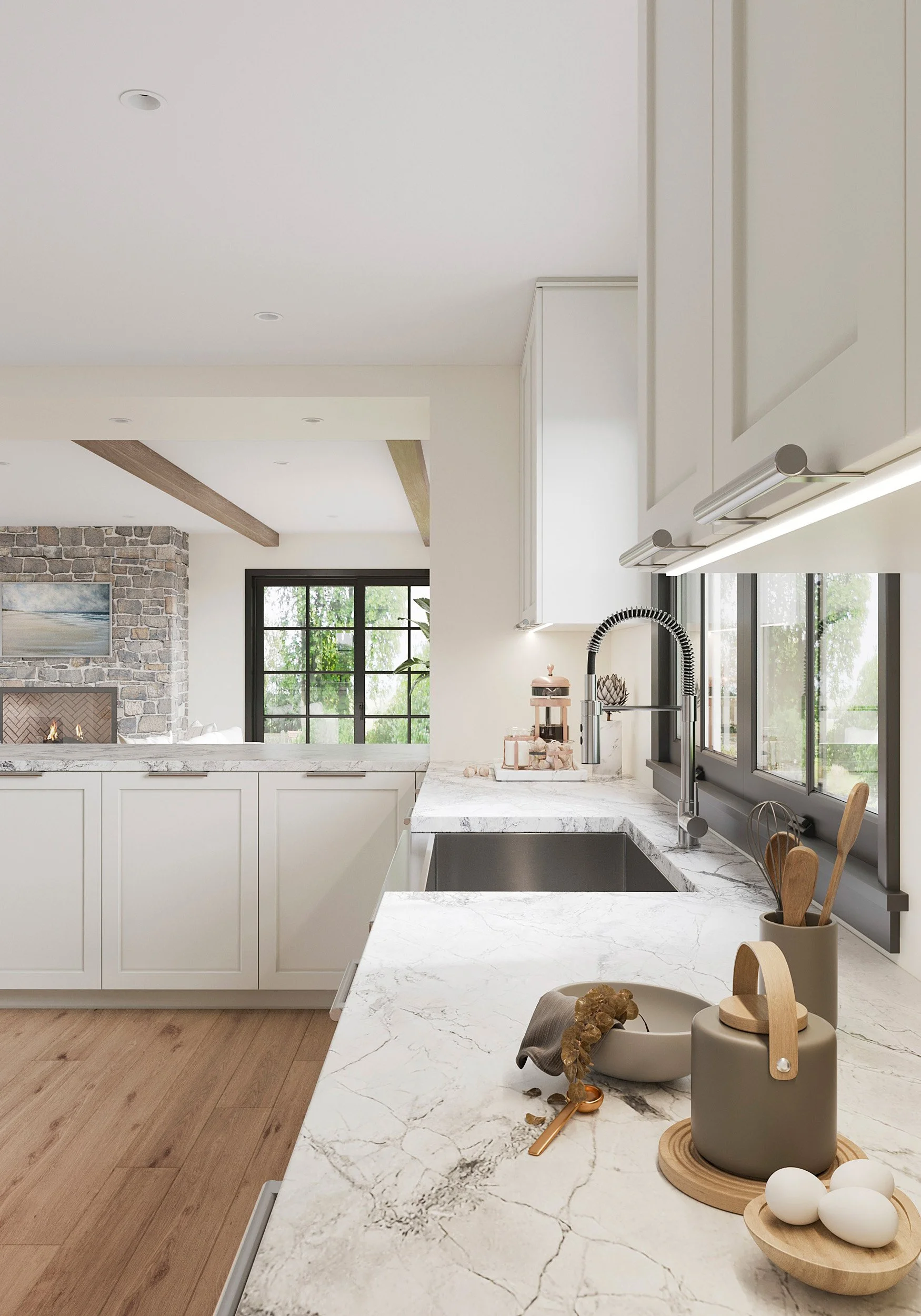Detail of kitchen stone countertop with a view towards dining room in Nanny Hagen House in Thornwood, NY.