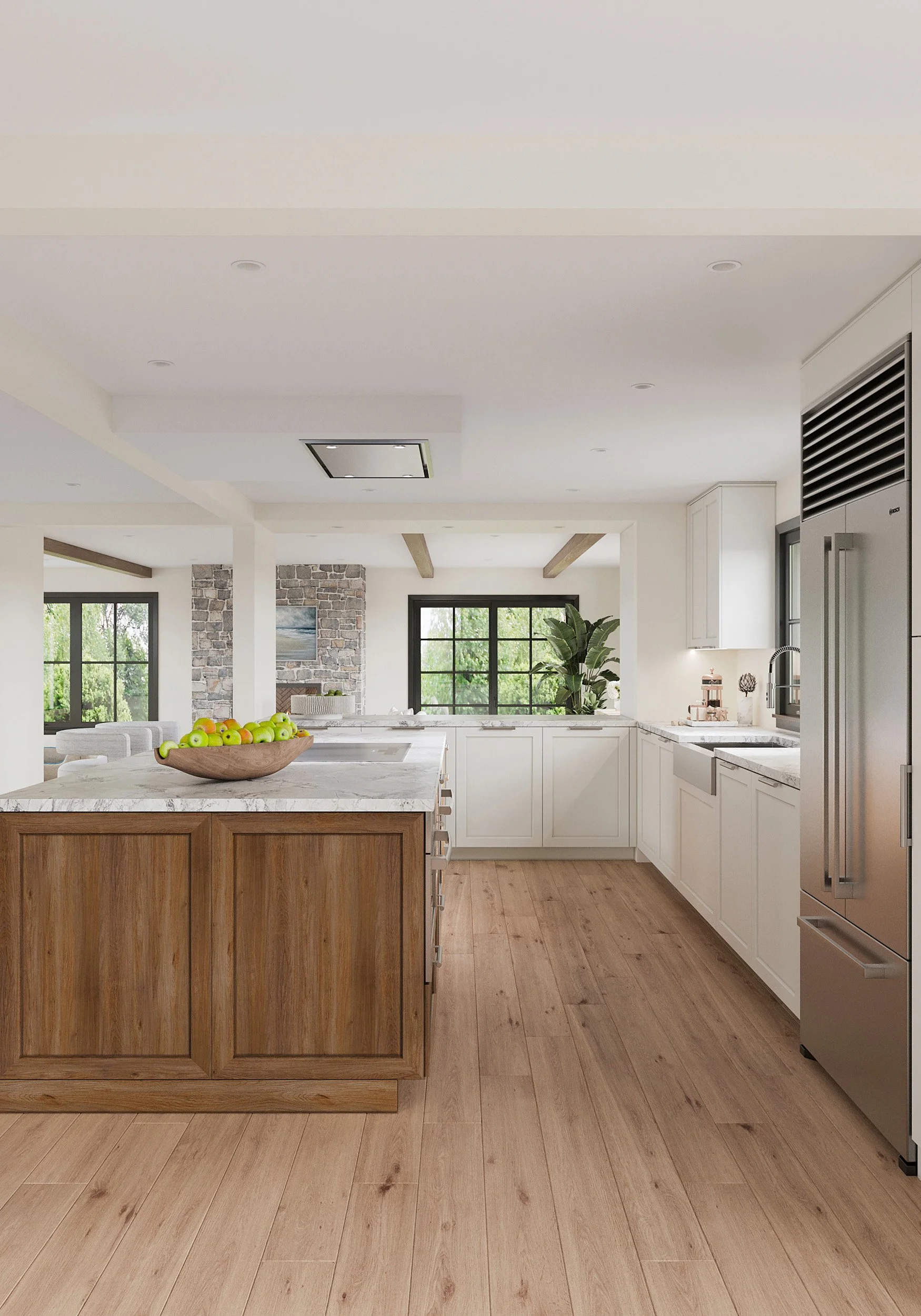 Detail of kitchen stone countertop with a view towards family room in Nanny Hagen House in Thornwood, NY.