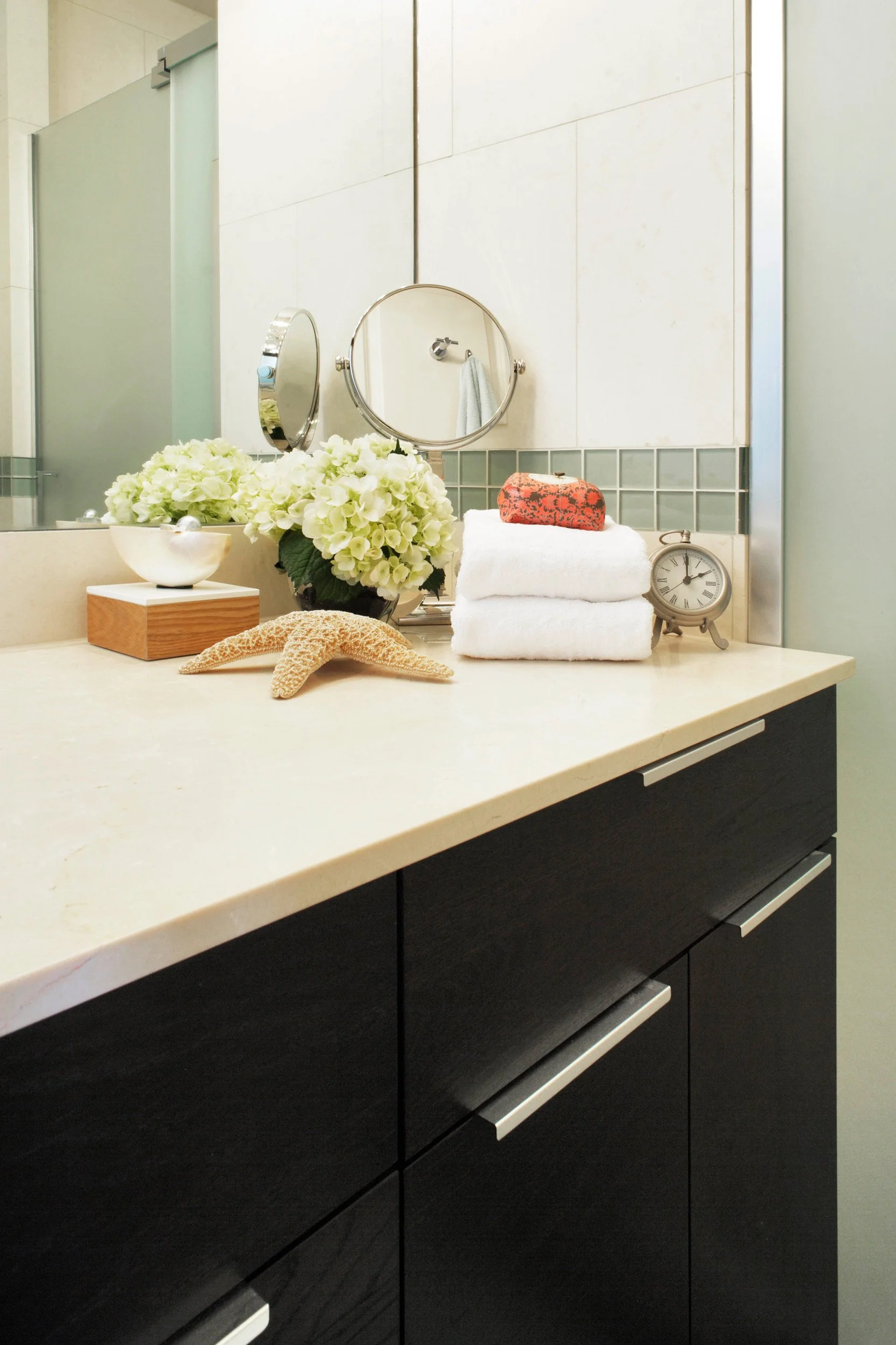 Detail of bathroom countertop at the Muliner House in Bronx, NY.