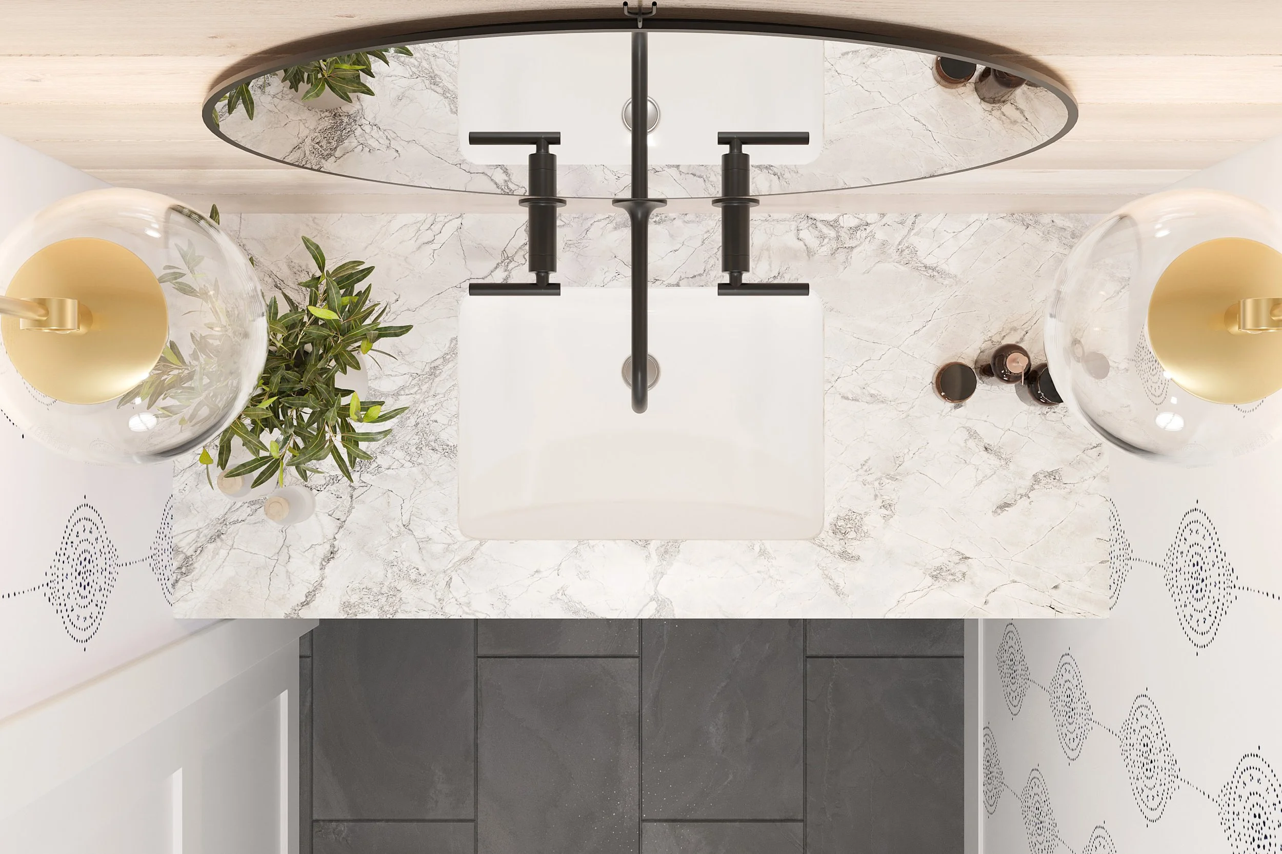 Aerial view of power room vanity with pendant and wall-mount faucet in Nanny Hangen House in Thornwood, NY.