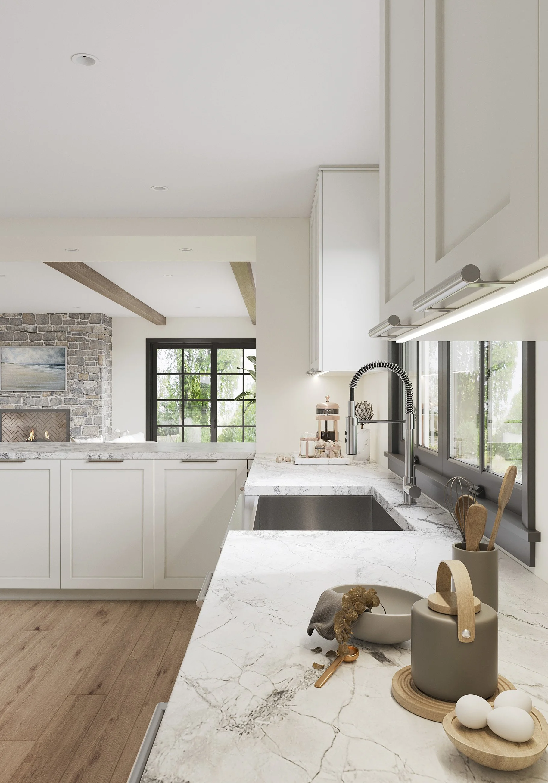 Detail of kitchen stone countertop with a view towards dining room in Nanny Hagen House in Thornwood, NY.