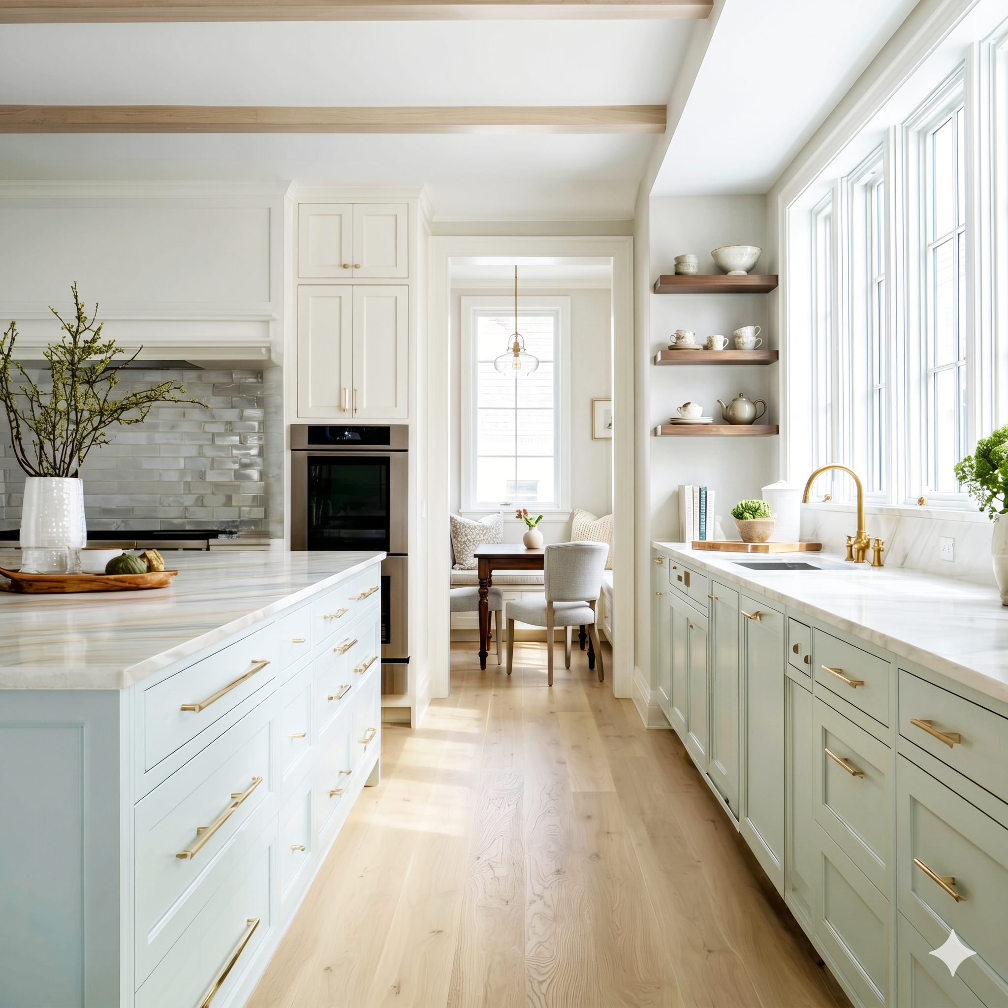 Bright kitchen concept with pale cabinetry, large island, brass hardware, sink wall, and breakfast area beyond.