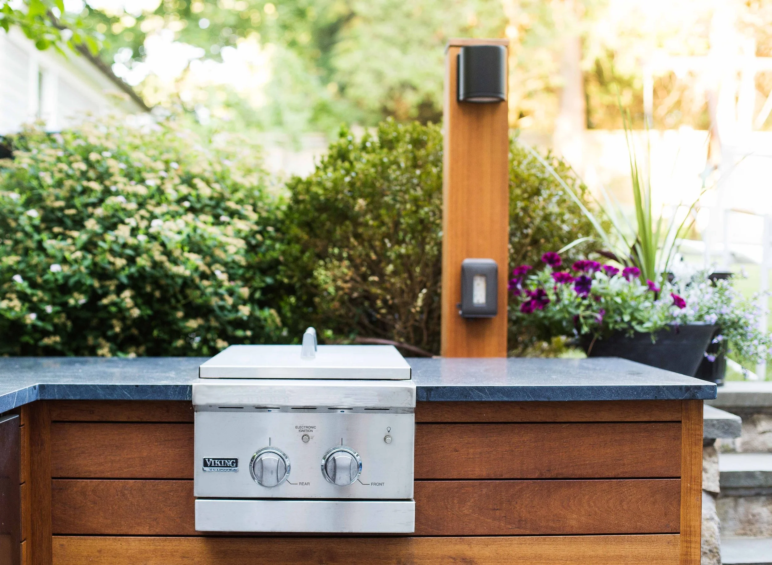 Close-up of built-in grill in the outdoor kitchen at the Indian Field Outdoor project in Greenwich, CT.