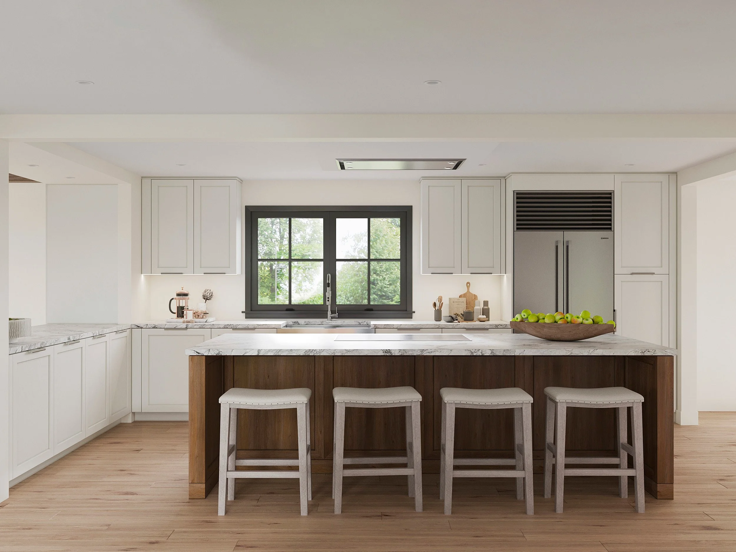 Gourmet kitchen with cabinetry, large island, integrated appliances, and warm finishes designed by Luminosus Designs for Nanny Hagen House in Thornwood, NY.