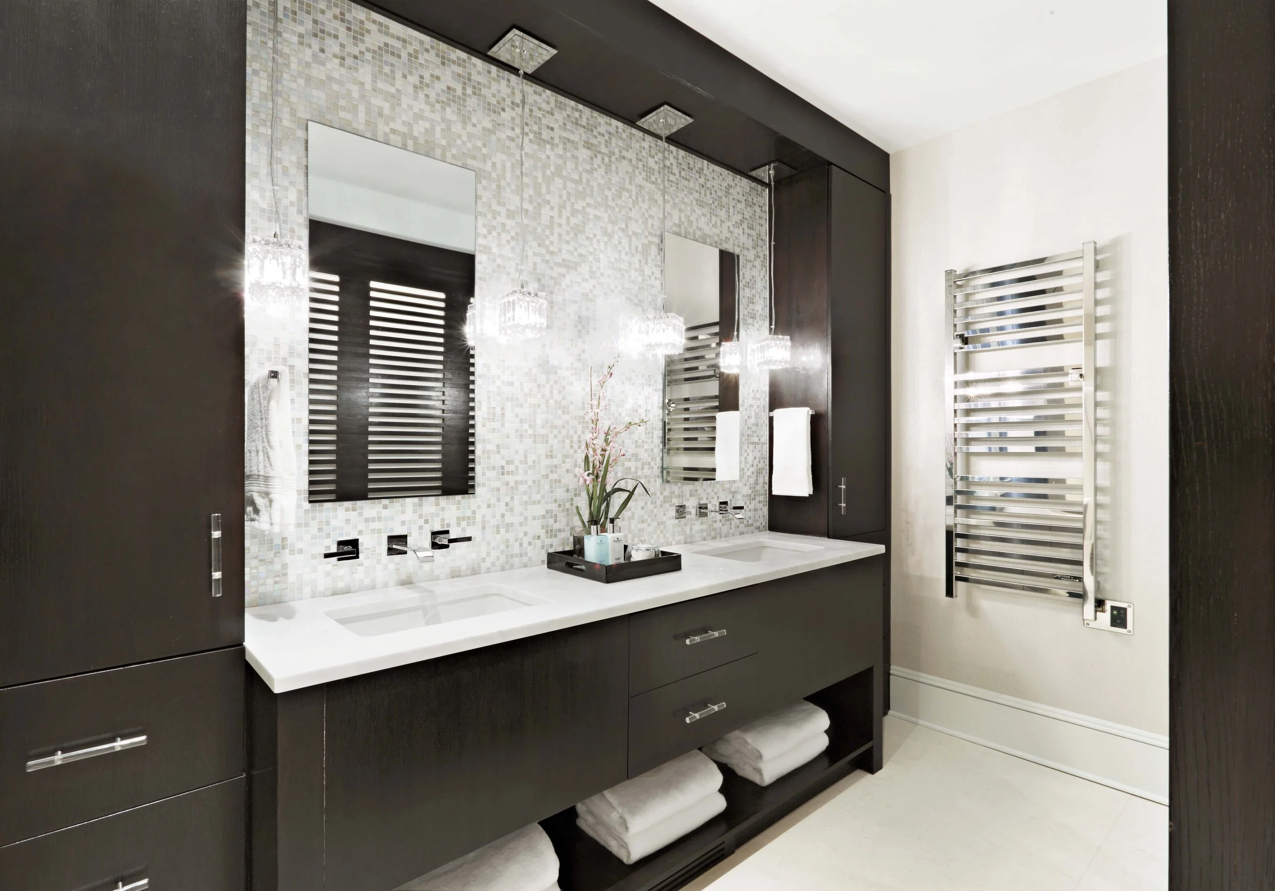 wide view of the custom vanity in a primary bathroom in Old Briarcliff, NY, designed by Luminosus Designs.