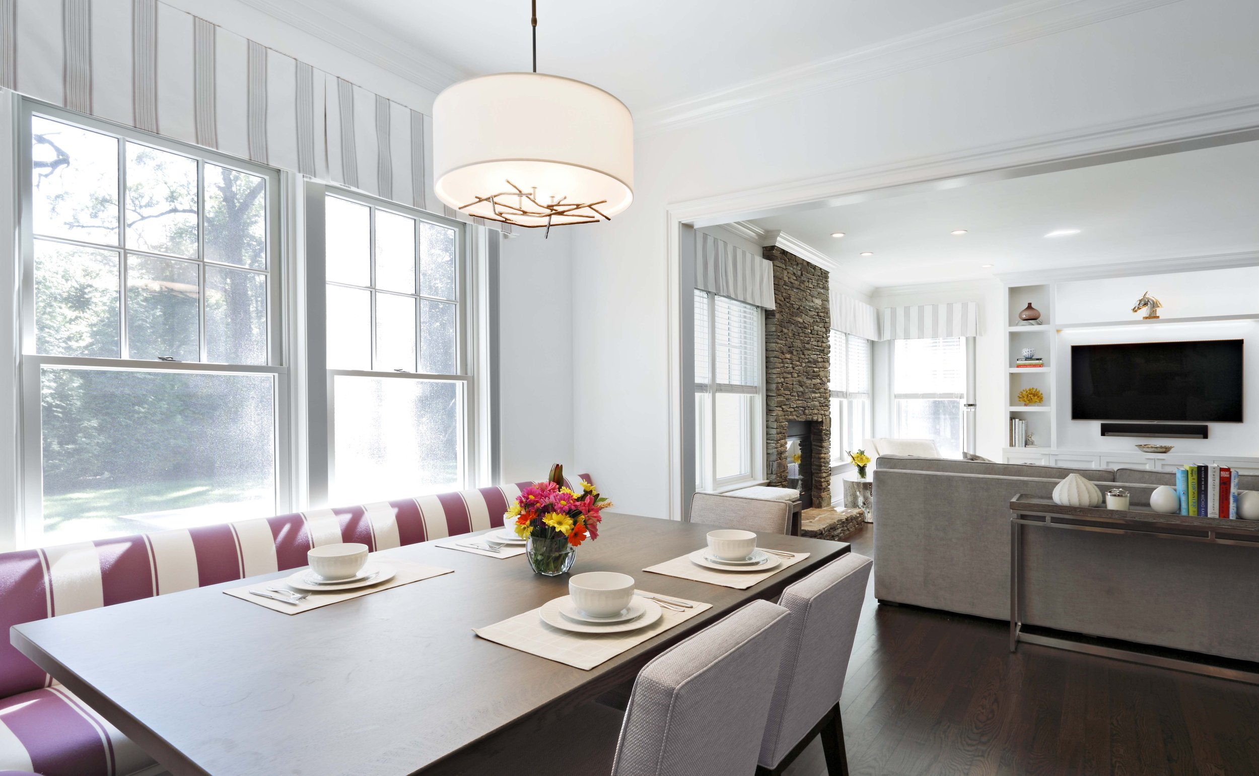 Breakfast area banquette with view to family room in Parkfield House in Scarsdale NY residence.