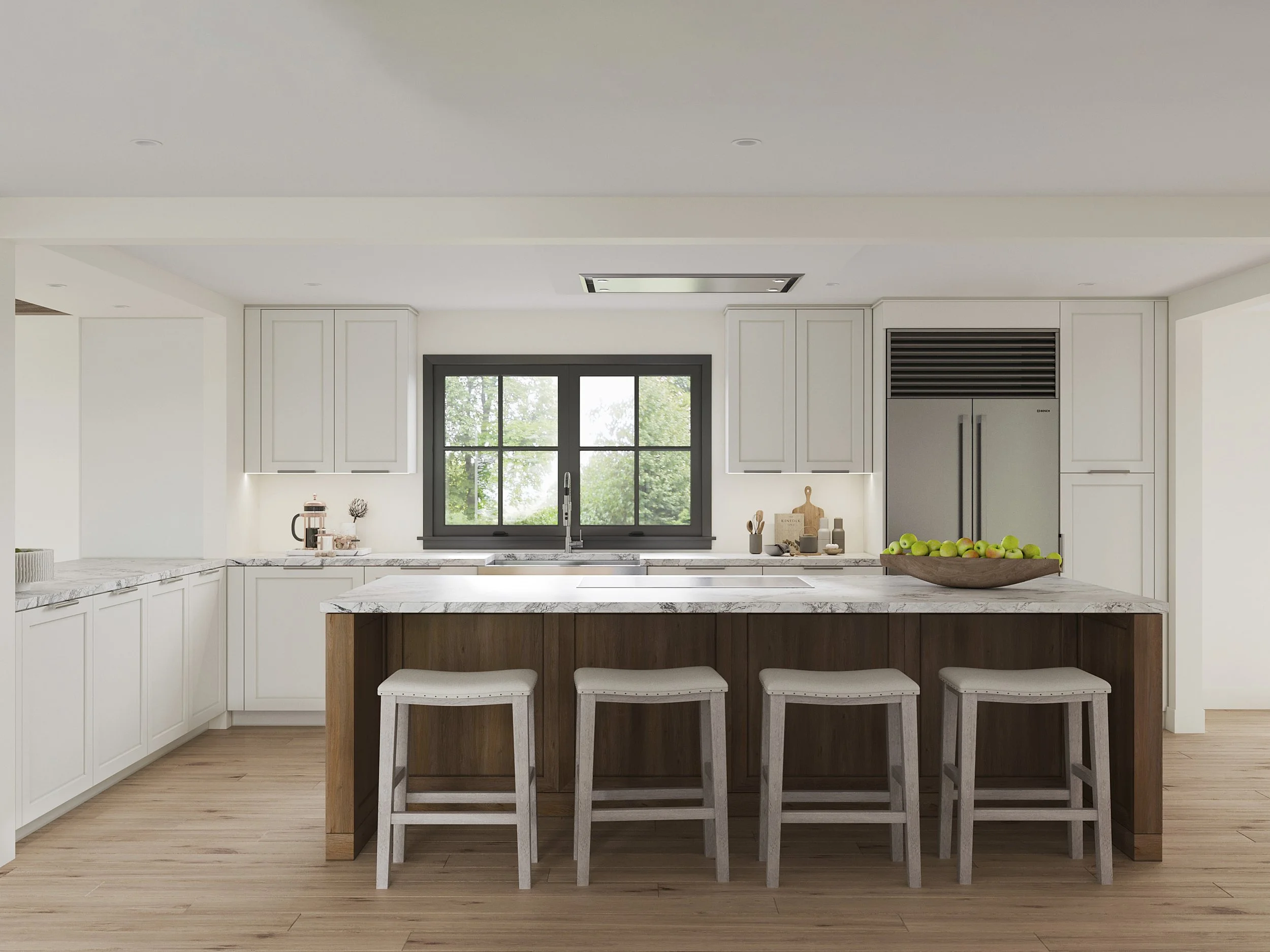 Gourmet kitchen with cabinetry, large island, integrated appliances, and warm finishes designed by Luminosus Designs.