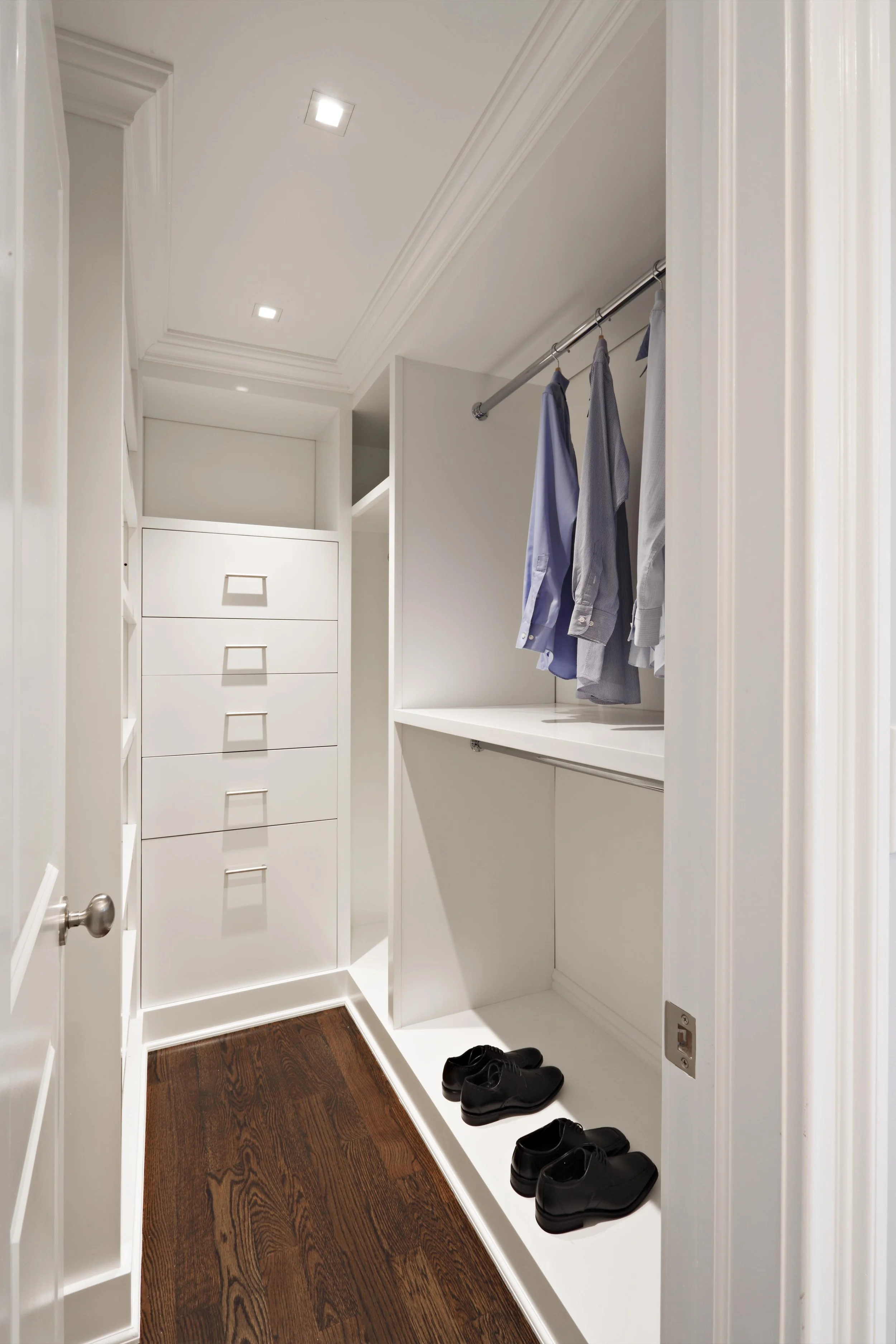 Custom his closet in Parkfield House in Scarsdale NY home.