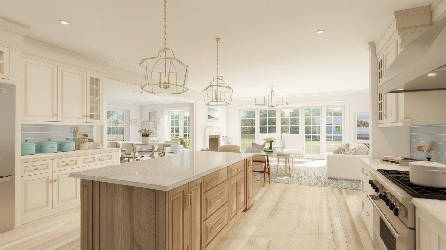 Quiet Harvest — Kitchen & Family Room Connection A softer kitchen direction that studies the expanded island, warm wood tones, light cabinetry, and a more open relationship between kitchen, dining, and family room.