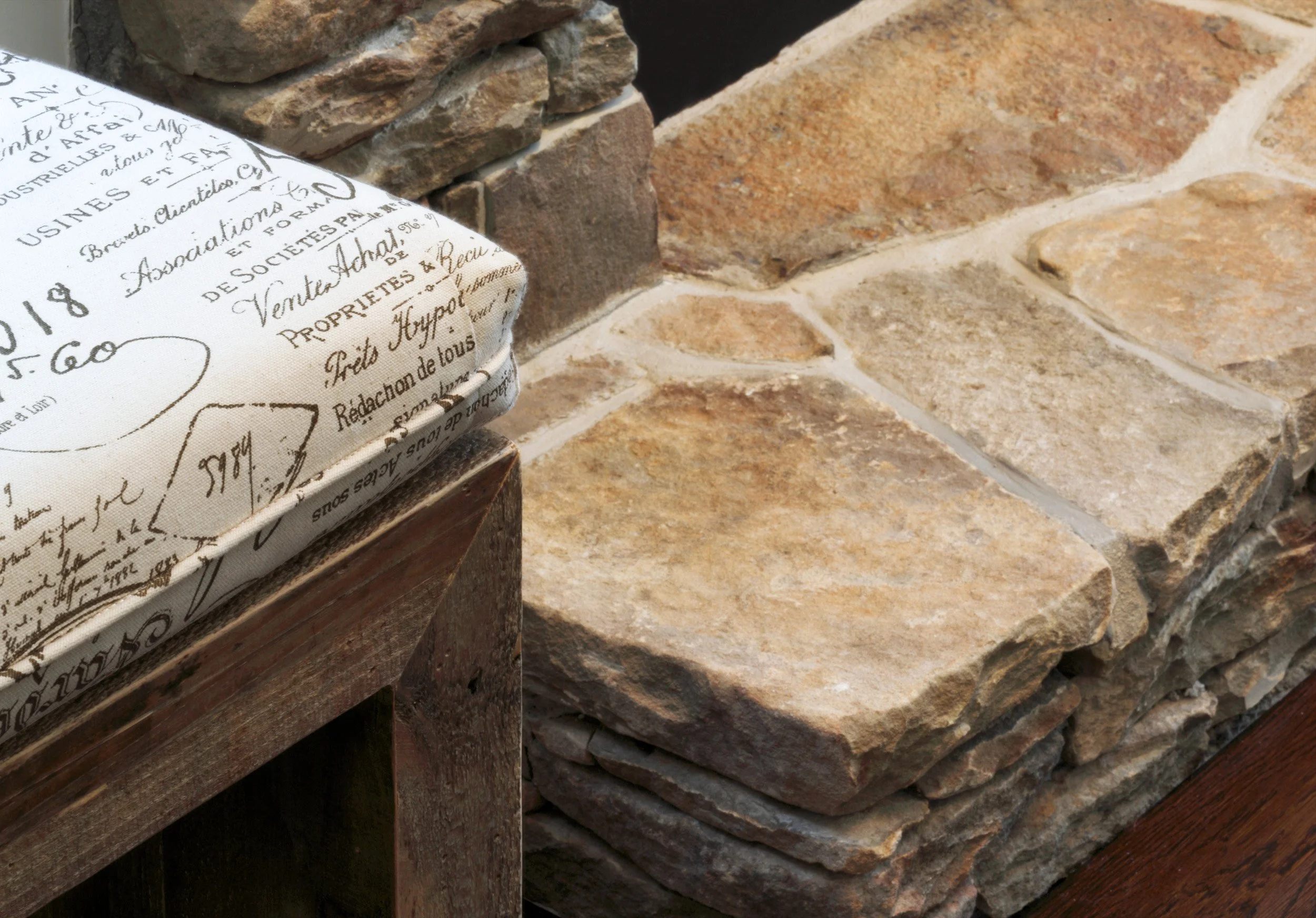 Bench and hearth detail in Parkfield House family room in Scarsdale NY.