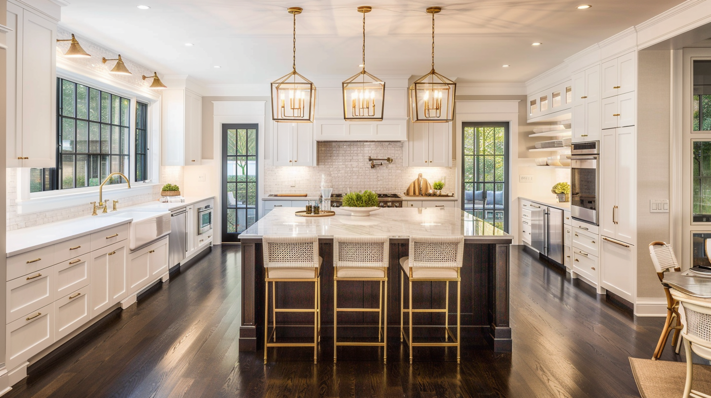 Tailored Fieldstone kitchen concept for Vanderbilt House, showing a structured modern farmhouse design direction with stronger contrast, classic materials, and existing flooring tones in mind.